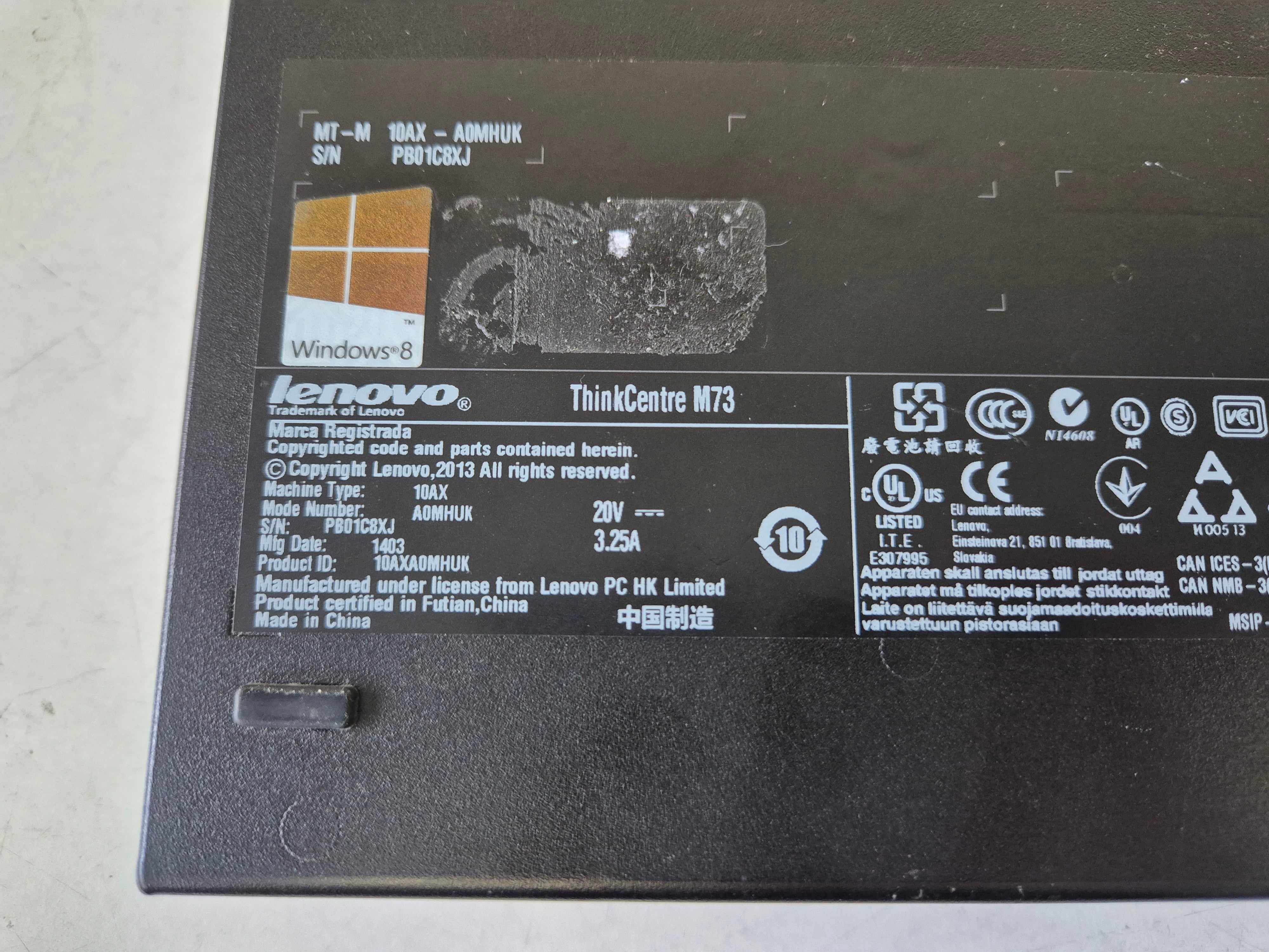 Lenovo ThinkCentre M73 Pentium G3220T 2.60GHz NO HDD 8GB RAM NO OS Mini Desktop NO PSU ( 10AX-A0MHUK ) USED