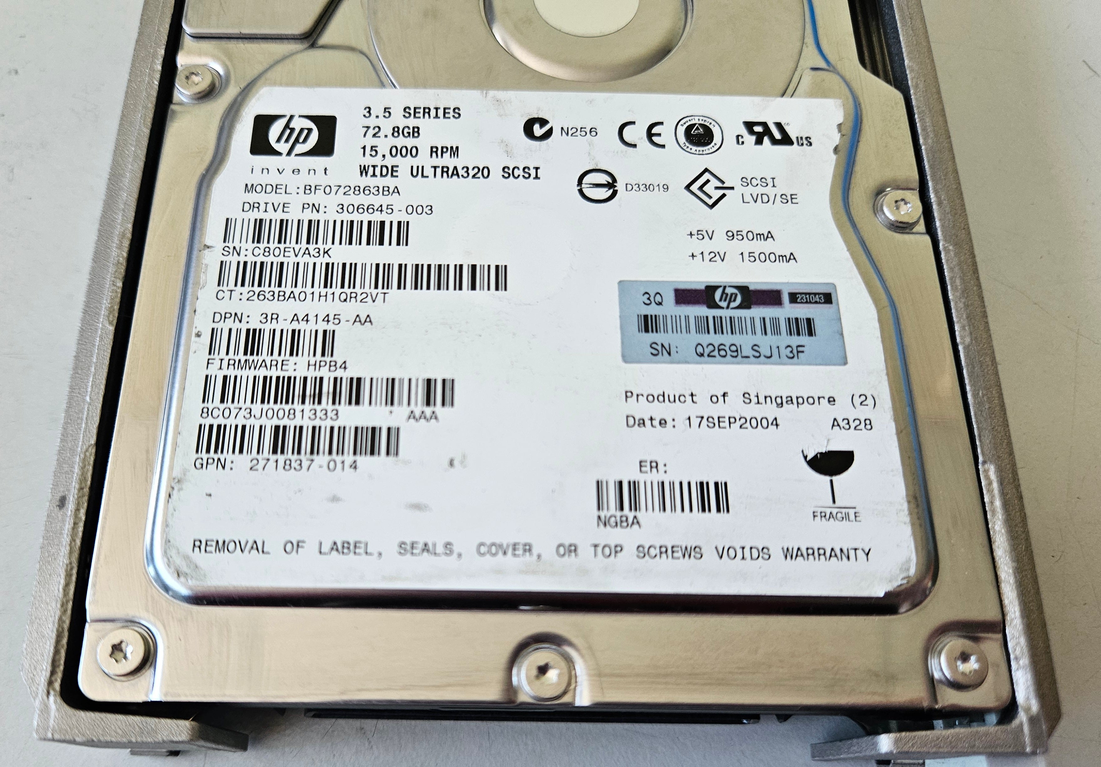 HP Dell 72.8GB SCA80 3.5" HDD in Caddy ( 306645-003 BF072863BA 271837-014 3R-A4145-AA ) USED