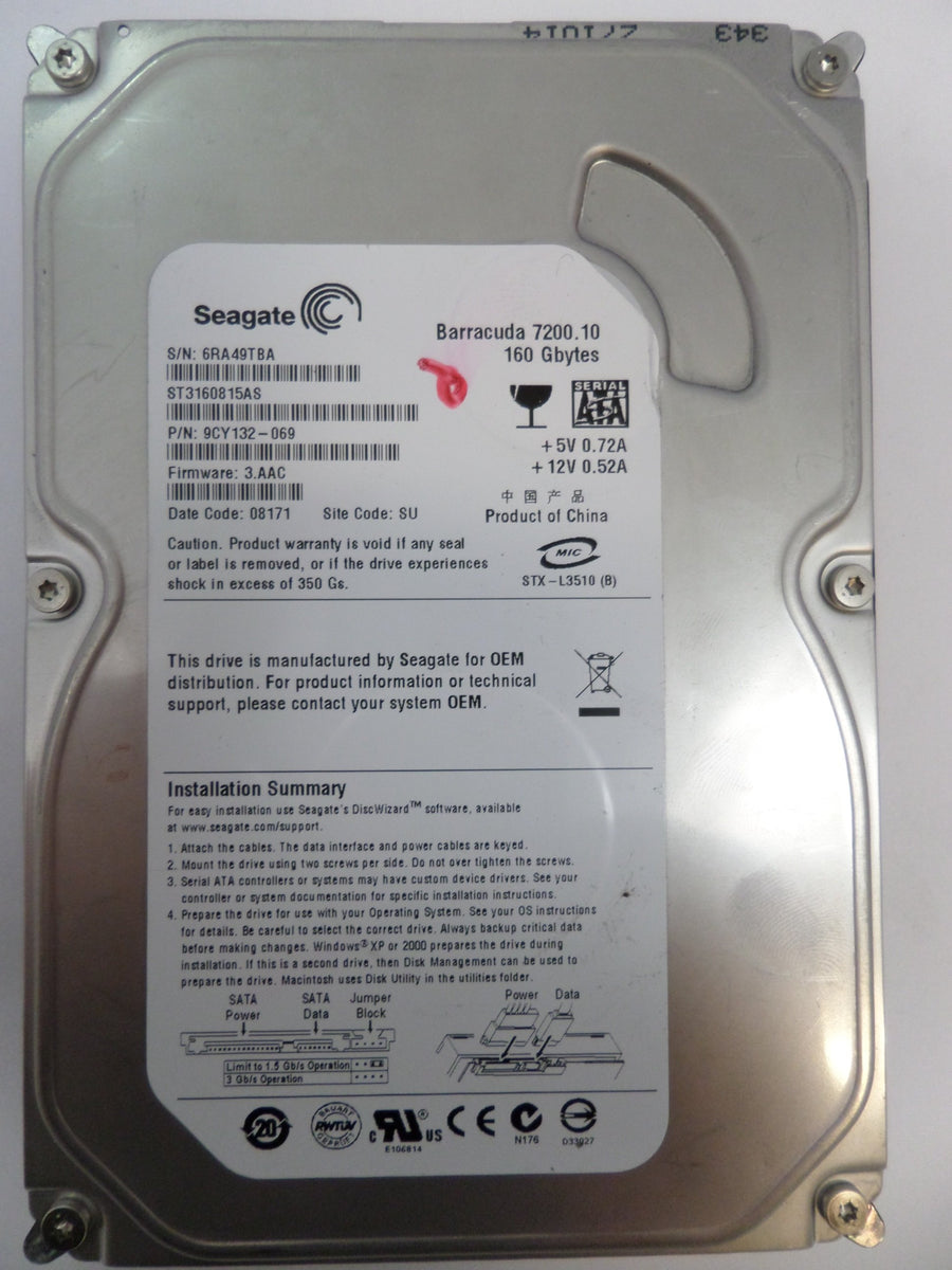 Seagate Barracuda 160GB 3.5" SATA HDD ( 9CY132-069 ST3160815AS ) REF