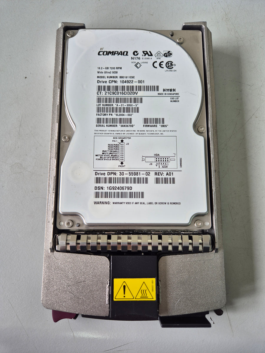 Compaq Seagate 18GB 7200RPM SCSI 80-Pin 3.5in HDD in Caddy ( 104922-001 BB01811C9C 9L2004-032 30-55981-02 104663-001 ) USED