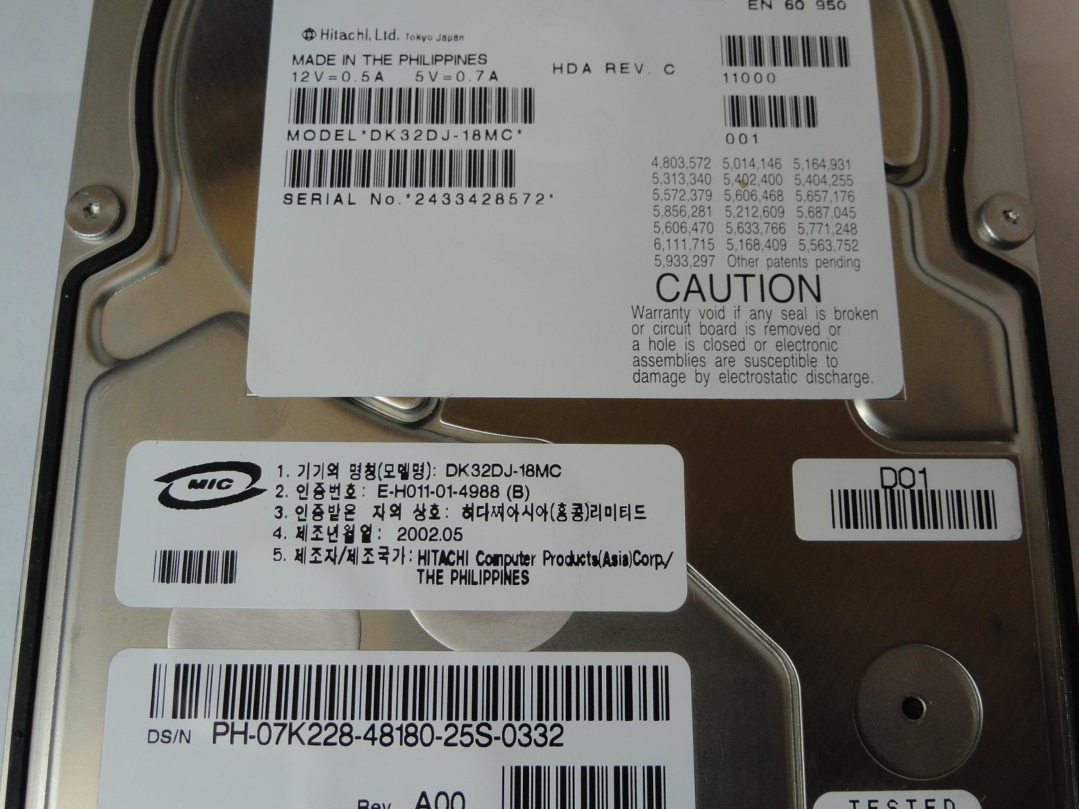 Hitachi Dell 18GB SCSI 80 Pin 10Krpm 3.5in HDD ( DK32DJ-18MC 07K228 ) REF