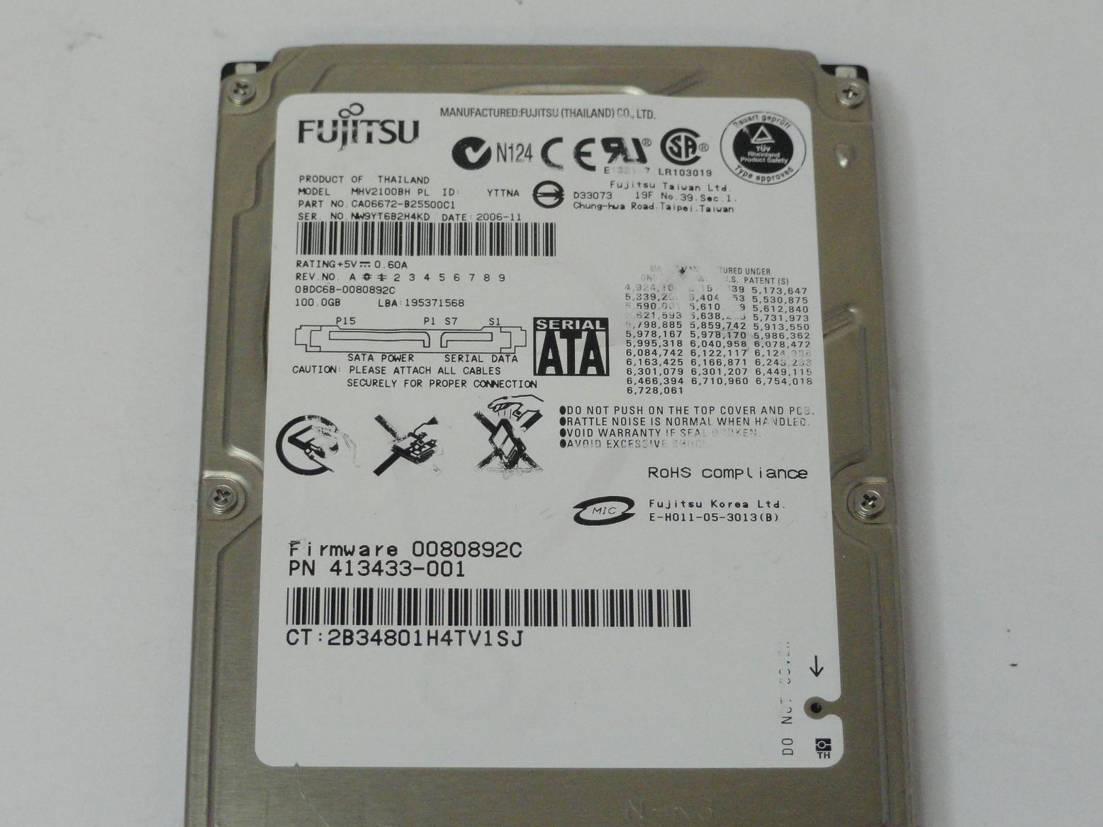 Fujitsu HP 100GB SATA 5400rpm 2.5in HDD ( CA06672-B25500C1 MHV2100BH 413433-001 ) USED