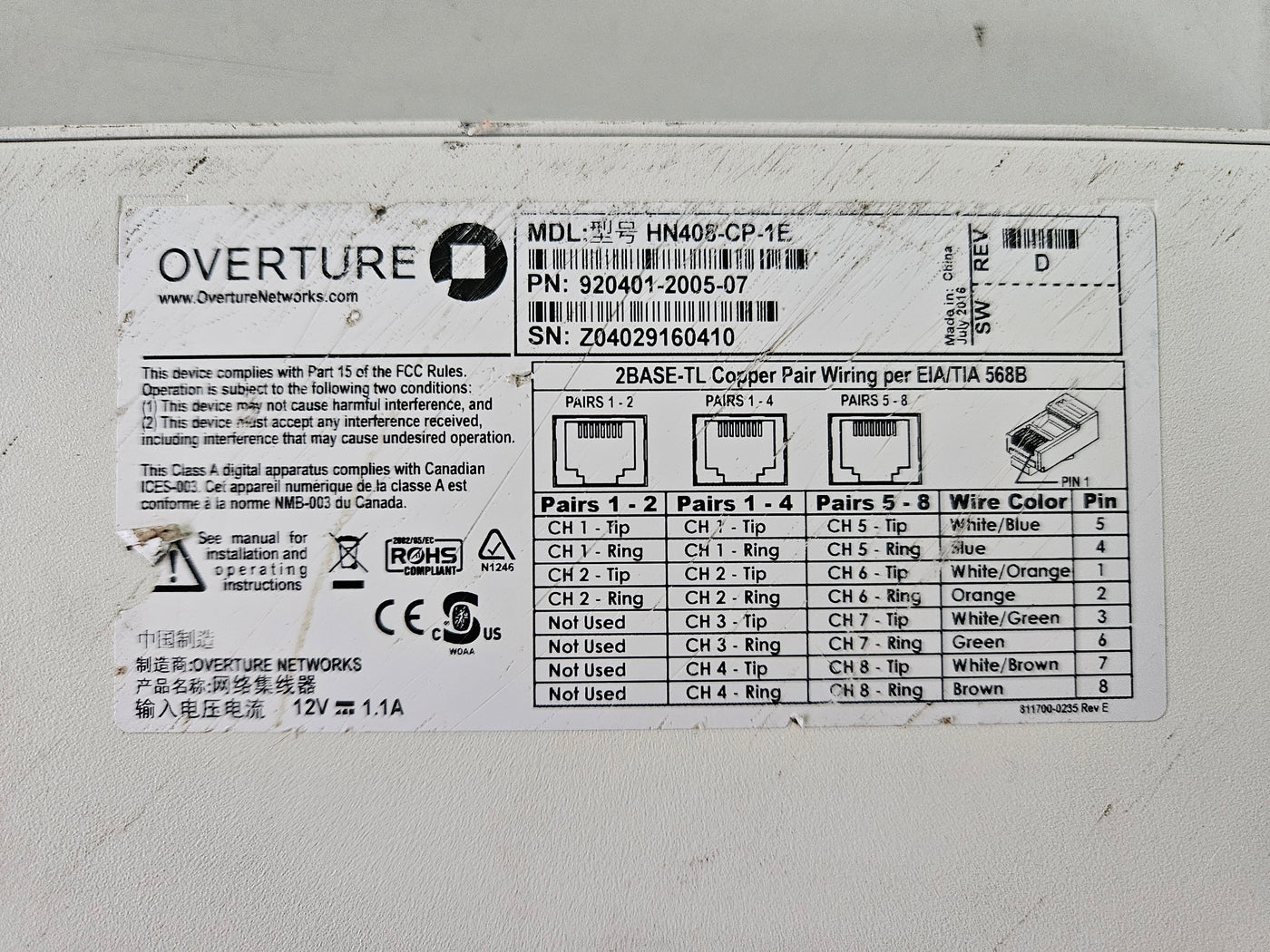Overture Network High Speed Enterprise Ethernet Modem W/PSU ( HN408-CP-1E 920401-2005-07 ) USED