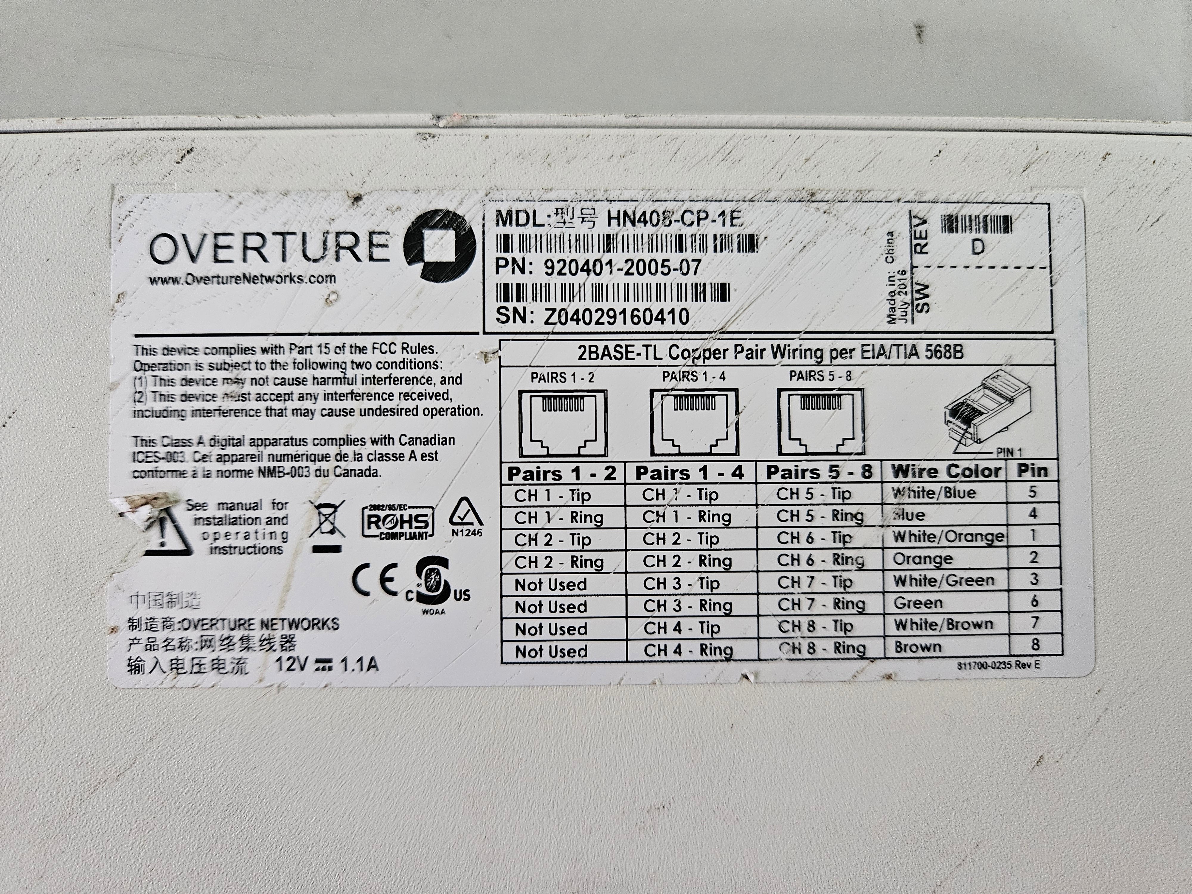 Overture Network High Speed Enterprise Ethernet Modem W/PSU ( HN408-CP-1E 920401-2005-07 ) USED