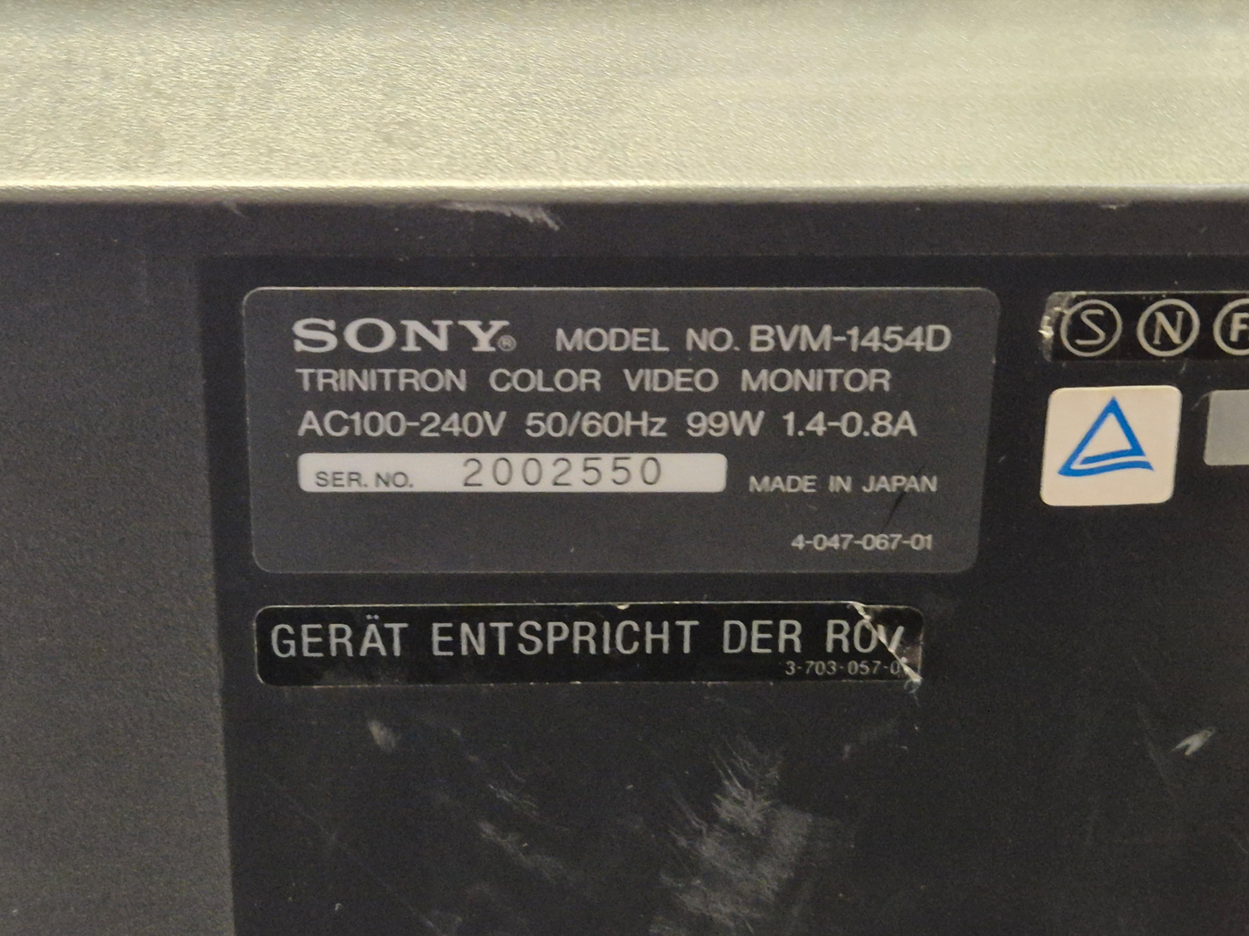 Sony BVM-1454D Trinitron Colour Video Monitor - NO Power SPR