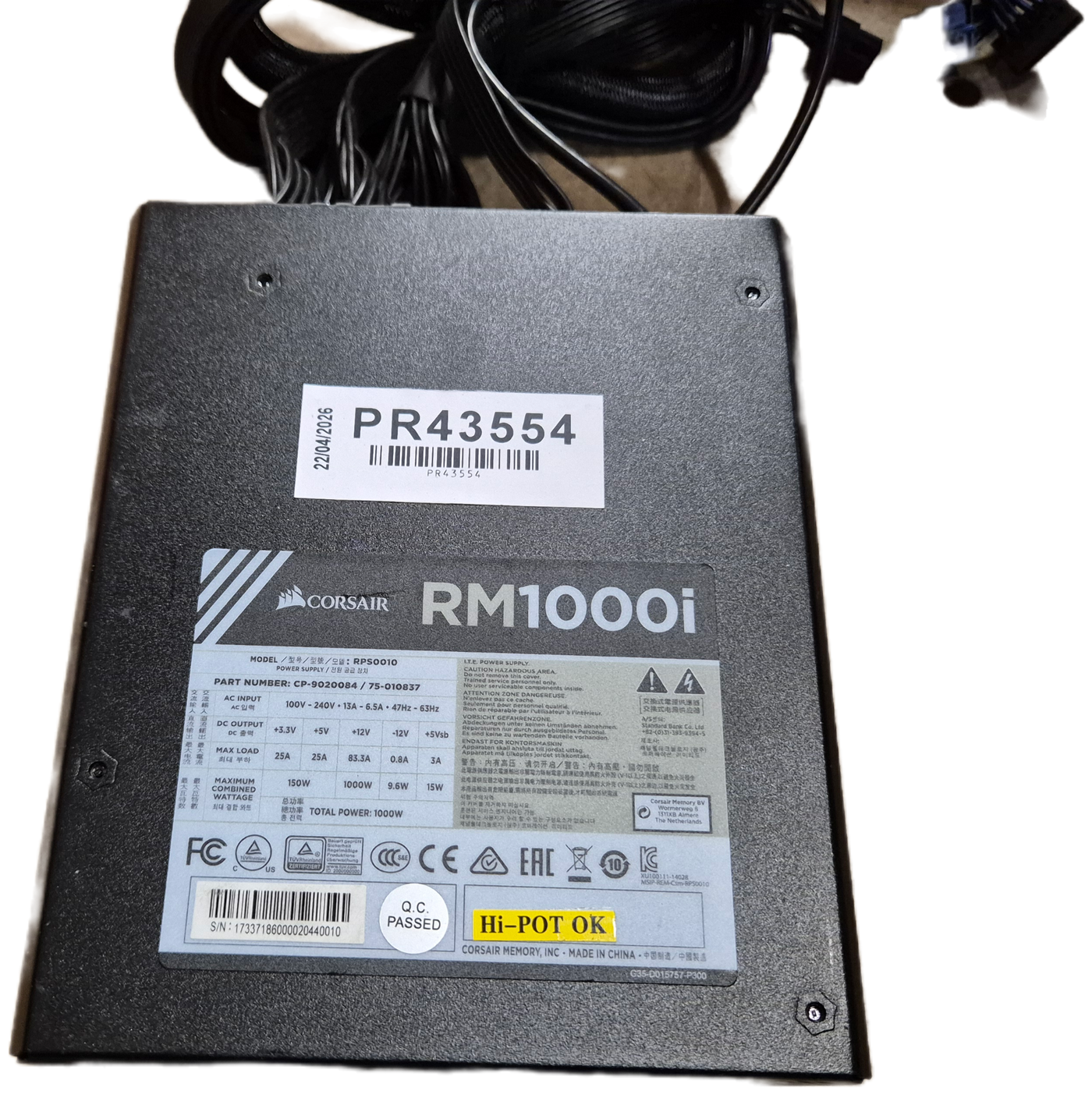 Corsair RM1000i 1000W Fully Modular PSU + Cables ( CP-9020084 75-010837 RPS0010 ) USED
