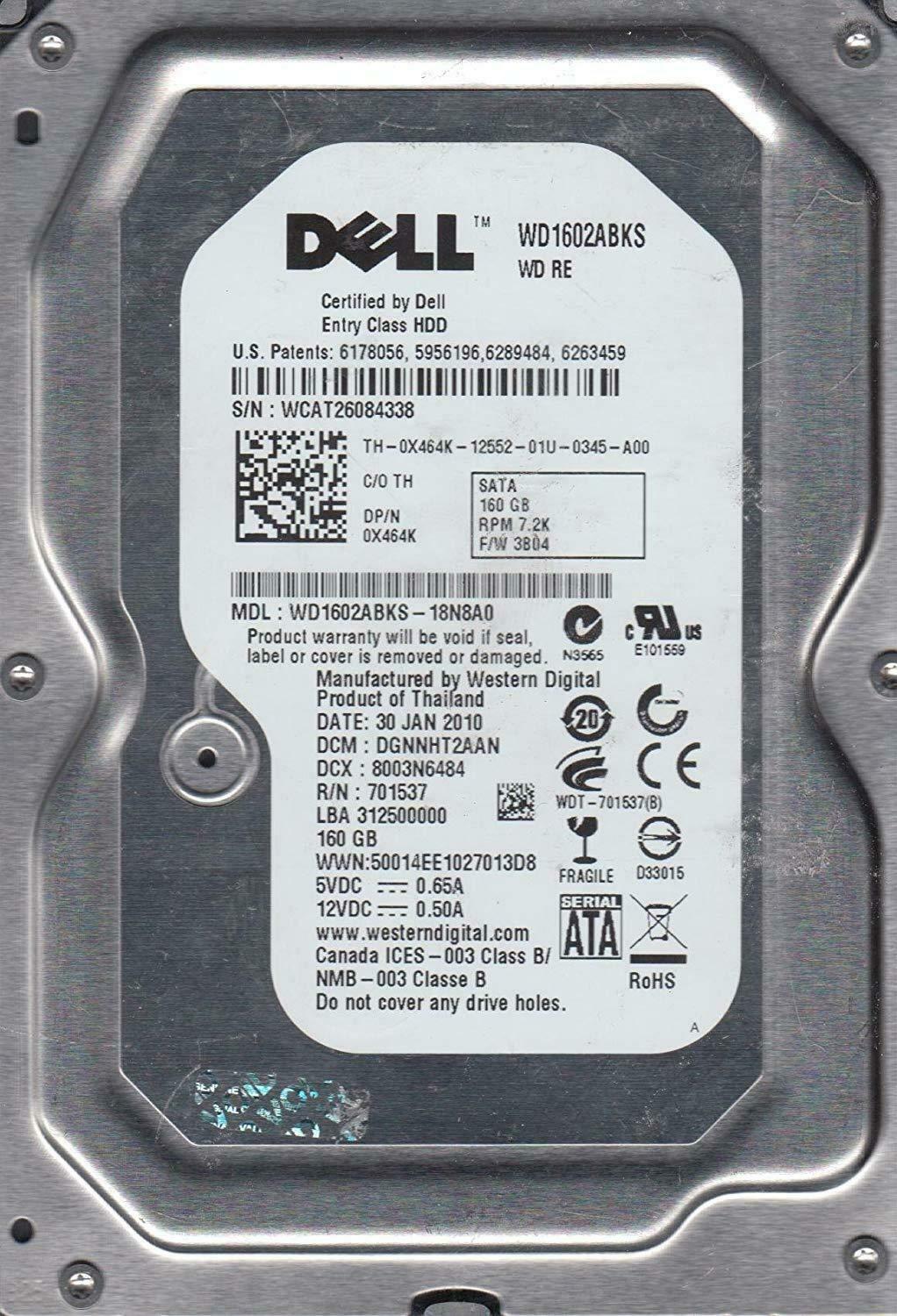 Western Digital Dell 160GB SATA 7200rpm 3.5in HDD ( WD1602ABKS WD1602ABKS-18N8A0 0X464K ) USED