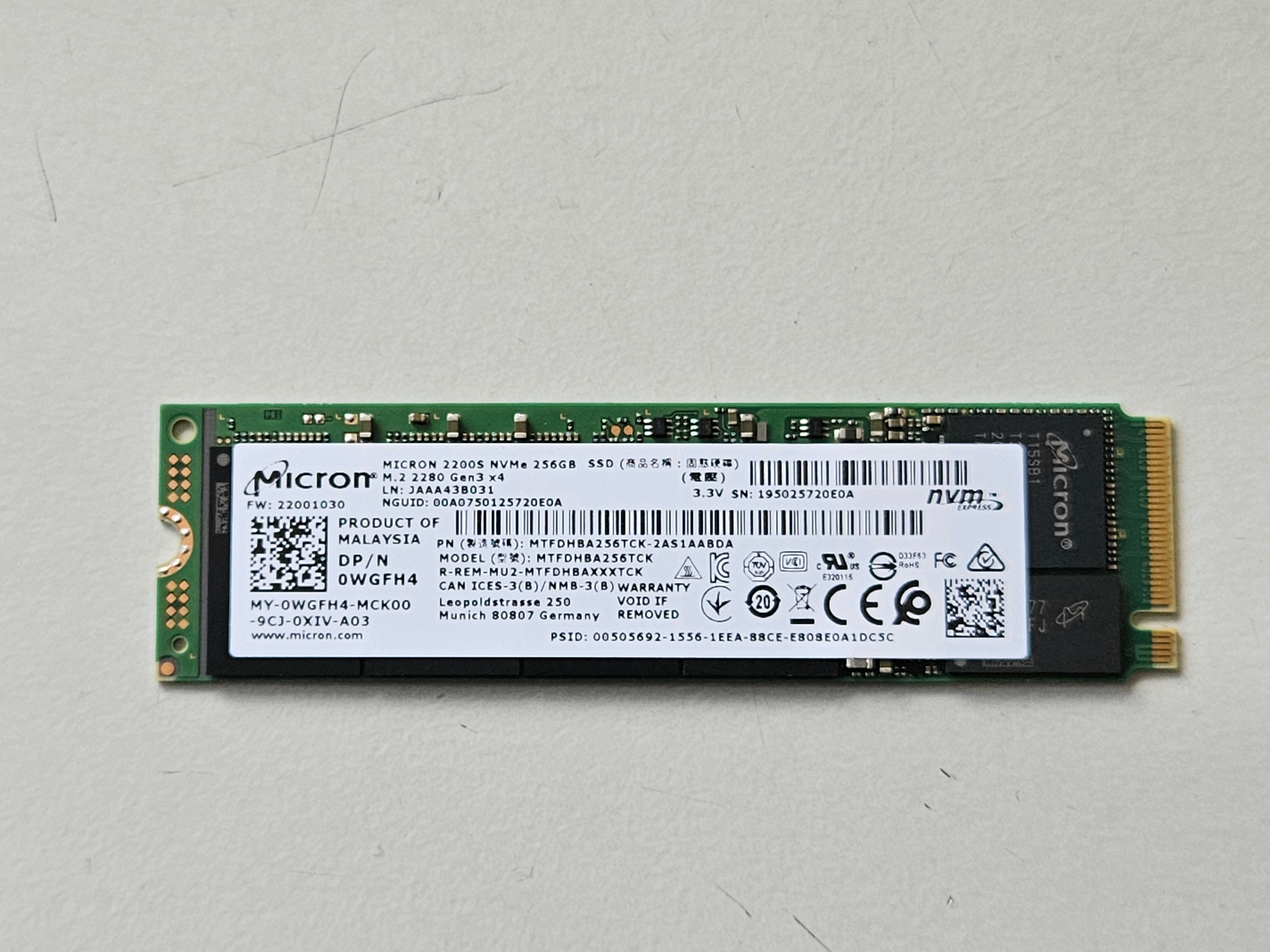Micron Dell 2200S 256GB NVMe PCIE m.2 2280 Gen3 x4 SSD ( MTFDHBA256TCK-2AS1AABDA 0WGFH4 ) REF