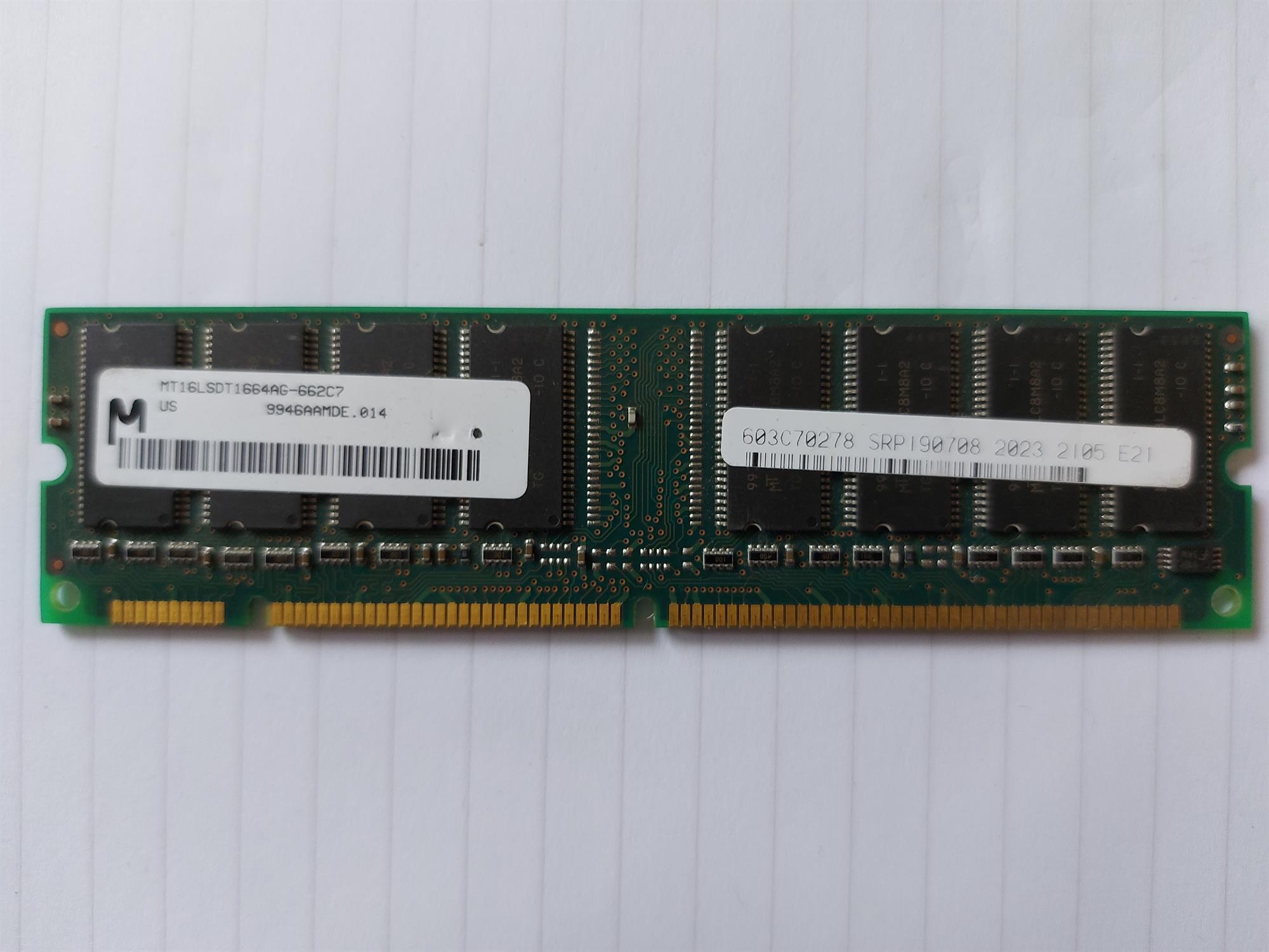 Micron 128MB PC66 66MHz non-ECC Unbuffered CL2 168-Pin DIMM Memory Module (MT16LSDT1664AG-662C7)