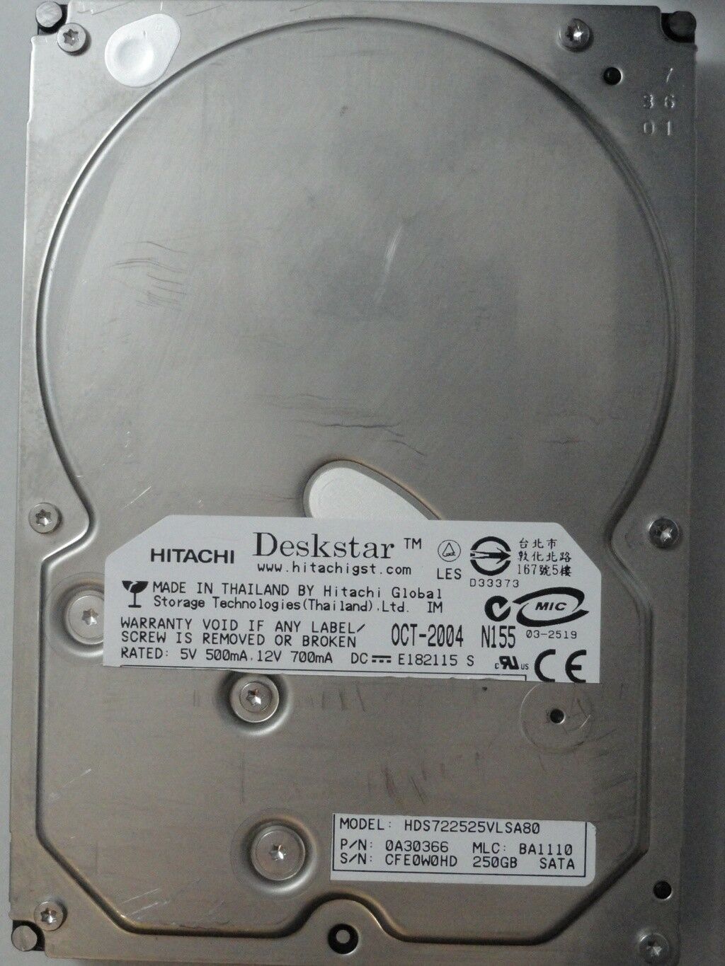 Hitachi Deskstar 250Gb SATA-150 7200rpm 3.5" HDD ( HDS722525VLSA80 0A30366 ) USED