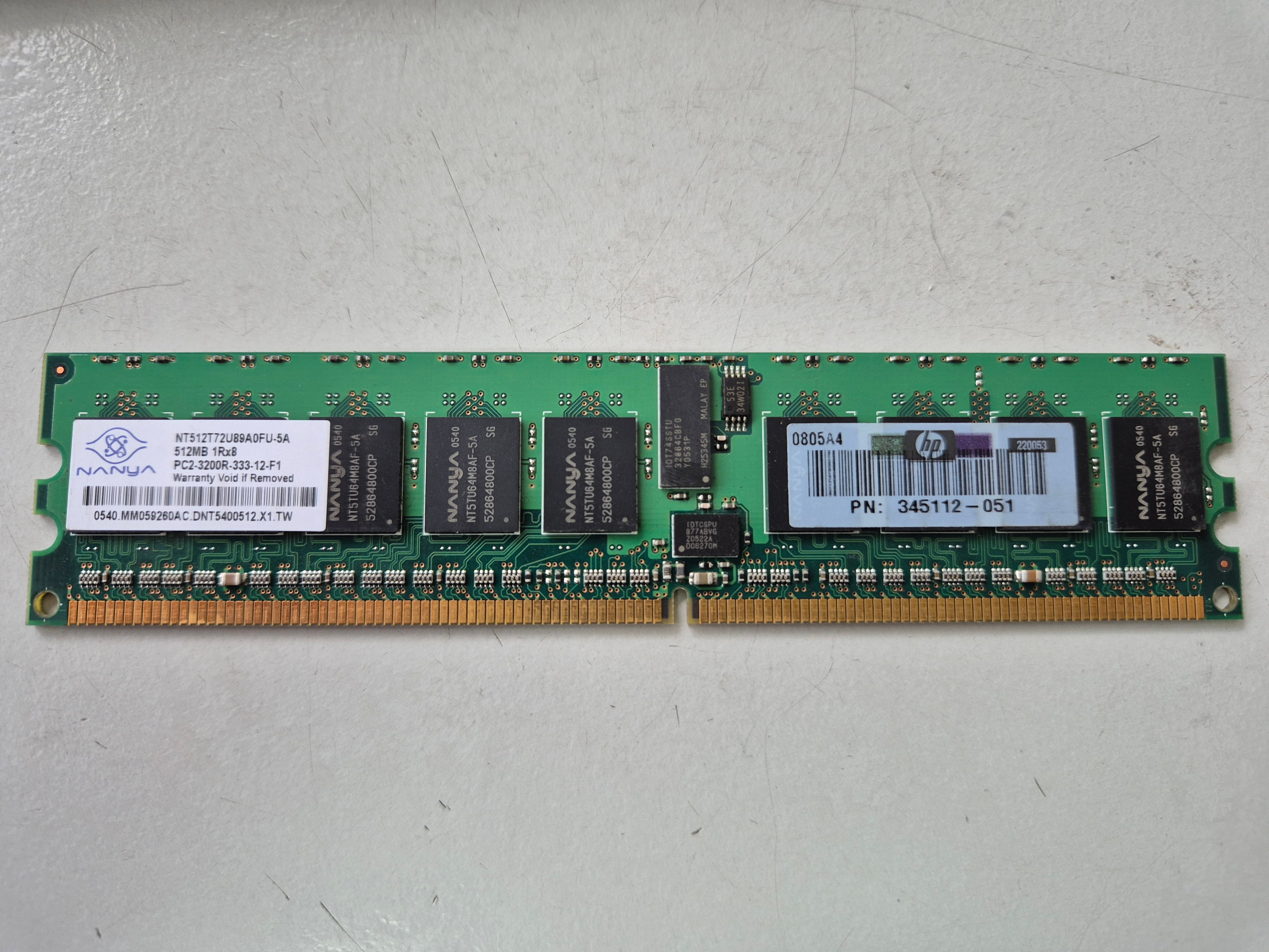 Nanya HP 512MB DDR2-400MHz PC2-3200 ECC Reg 240-Pin SDRAM DIMM ( NT512T72U89A0FU-5A 345112-051 ) REF