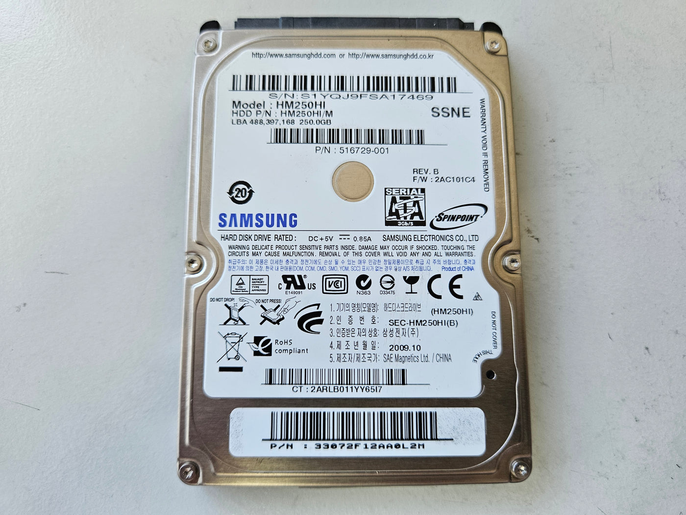 Samsung HP Spinpoint M7 250GB 5400RPM SATA 2.5in HDD ( HM250HI HM250HI/M 516729-001 ) REF