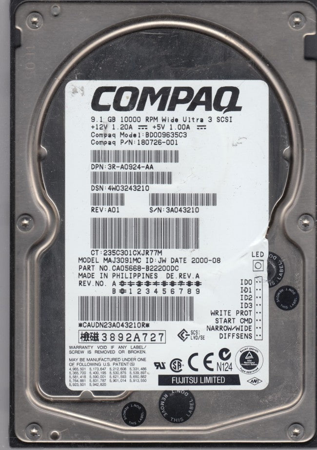Fujitsu Compaq DEC 9.1Gb SCSI 80 Pin 10Krpm 3.5in HDD ( CA05668-B22200DC MAJ3091MC BD009635C3 180726-001 3R-A0924-AA ) REF