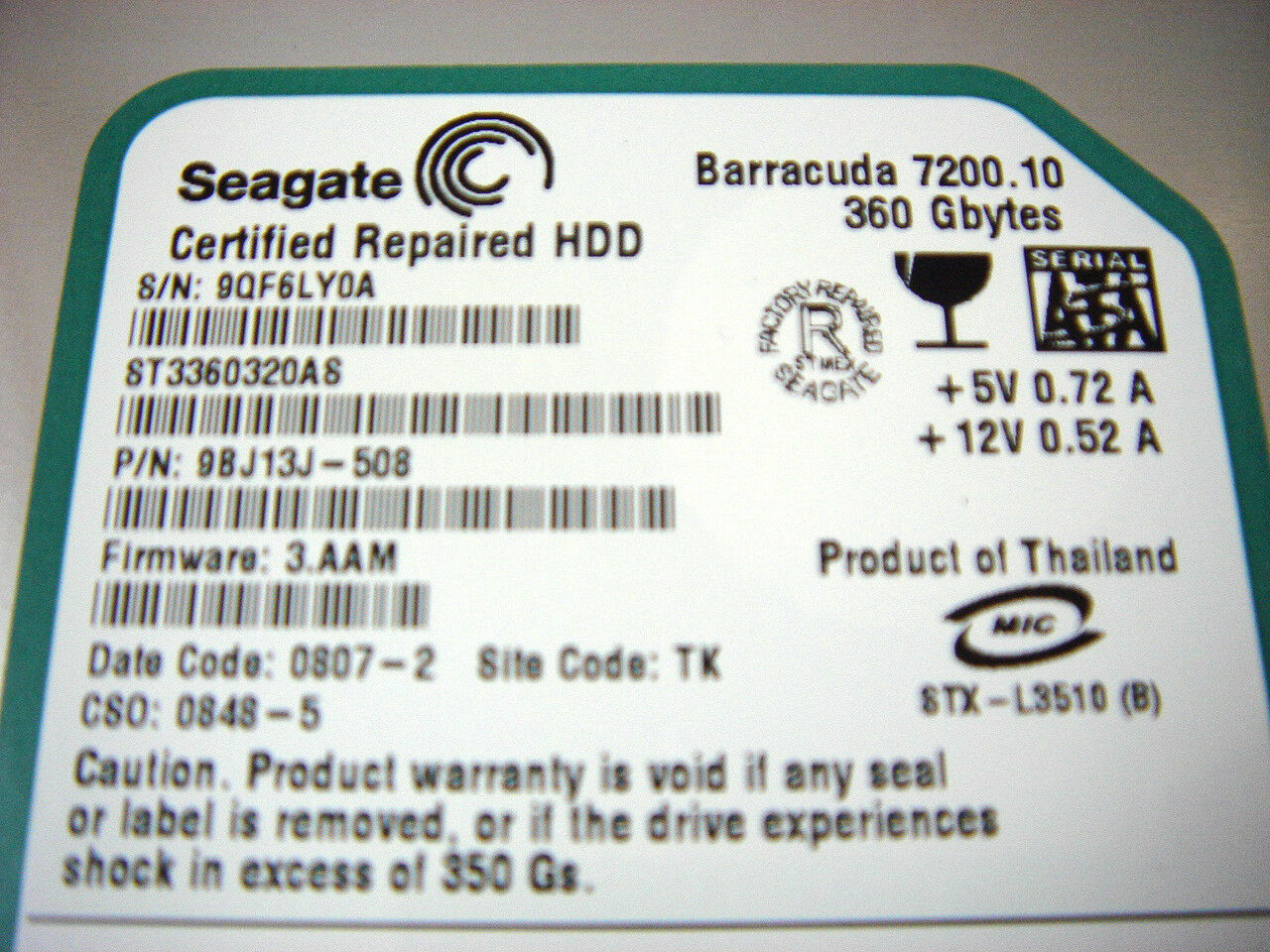 Seagate 360Gb SATA 7200rpm 3.5in RECERTIFIED HDD ( ST3360320AS 9BJ13J-508 ) REF