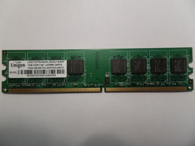 UG12T6400L8DU-6AP - Unigen 1GB PC2-5300 DDR2-667MHz non-ECC 2Rx8 Unbuffered 64x8 16 chip CL5 240-Pin DIMM - Refurbished