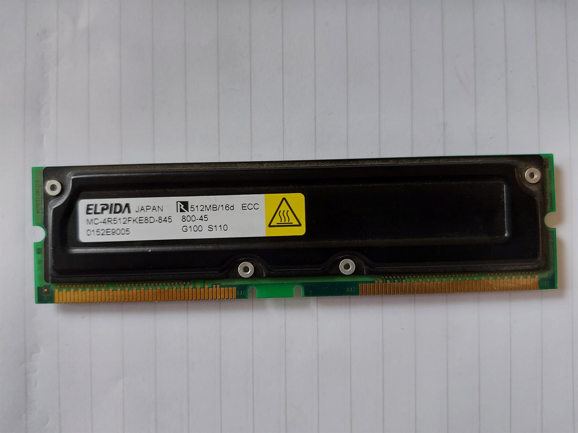 Elpida 512MB/16d PC800-40 800MHz ECC Rambus RDRAM RIMM Memory Module (MC-4R512FKE8D-845)