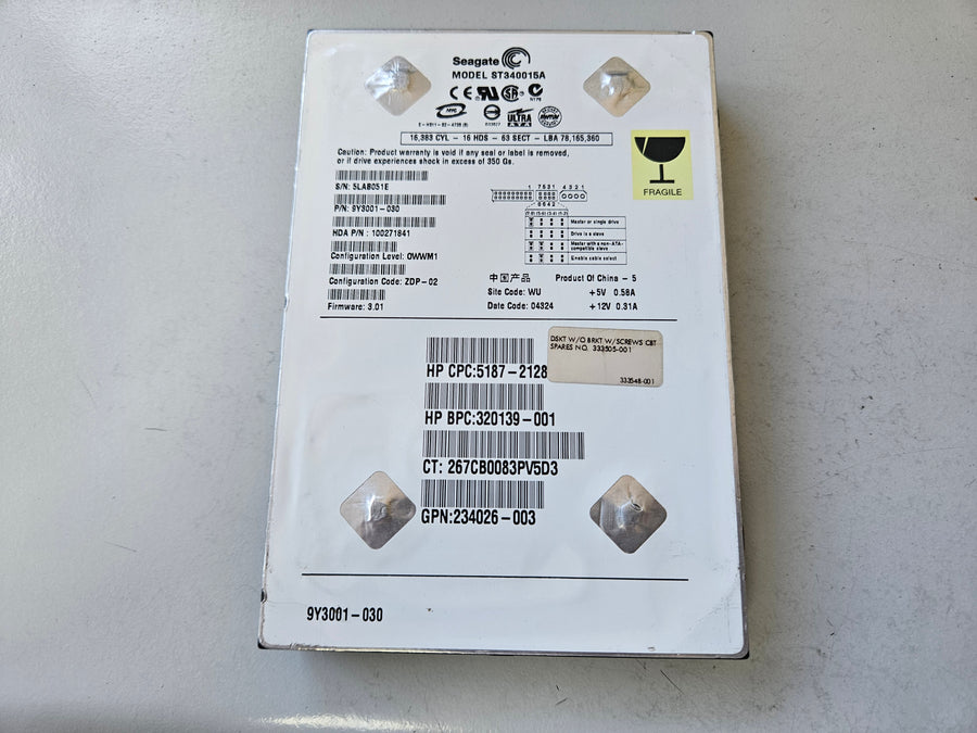 Seagate HP 40Gb IDE 5400rpm 3.5in HDD ( 9Y3001-030 ST340015A 5187-2128 320139-001 234026-003 ) USED