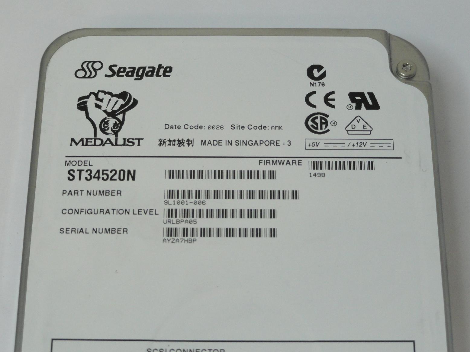 Seagate 4.5GB SCSI 50 Pin 7200rpm 3.5in HDD ( 9L1001-006 ST34520N ) USED