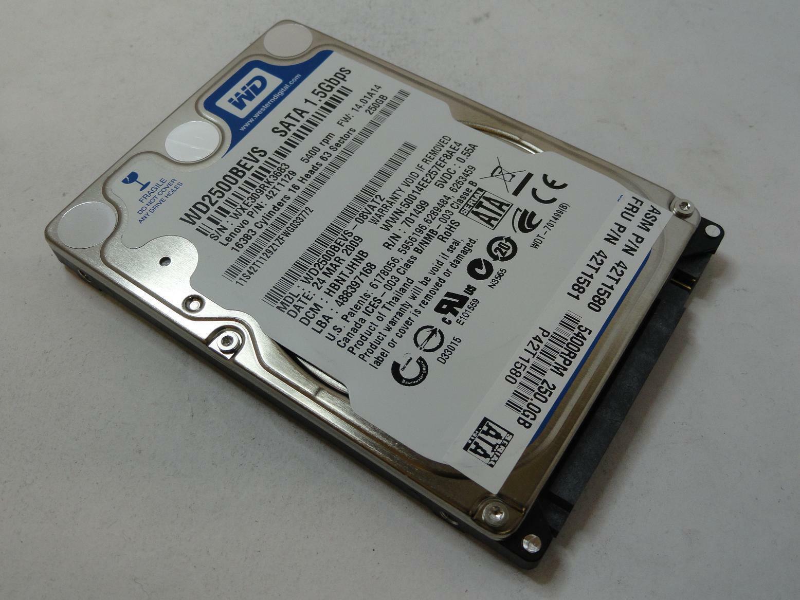 Western Digital Lenovo 250GB SATA 2.5" 5400rpm HDD ( WD2500BEVS-08VAT2 42T1129 42T1581 42T1580 ) REF