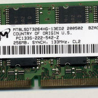 Micron 256MB PC133 133MHz non-ECC Unbuffered CL2 144-pin SoDimm ( MT8LSDT3264HG-13ED2 ) REF