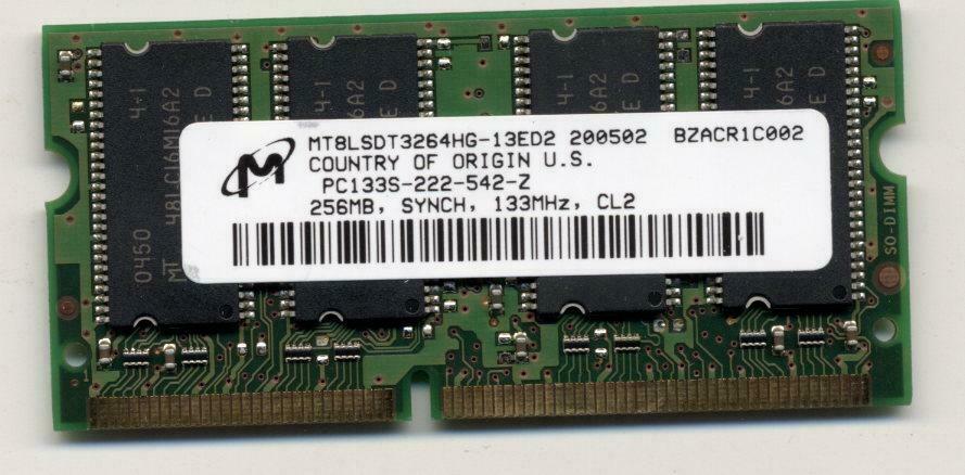 Micron 256MB PC133 133MHz non-ECC Unbuffered CL2 144-pin SoDimm ( MT8LSDT3264HG-13ED2 ) REF