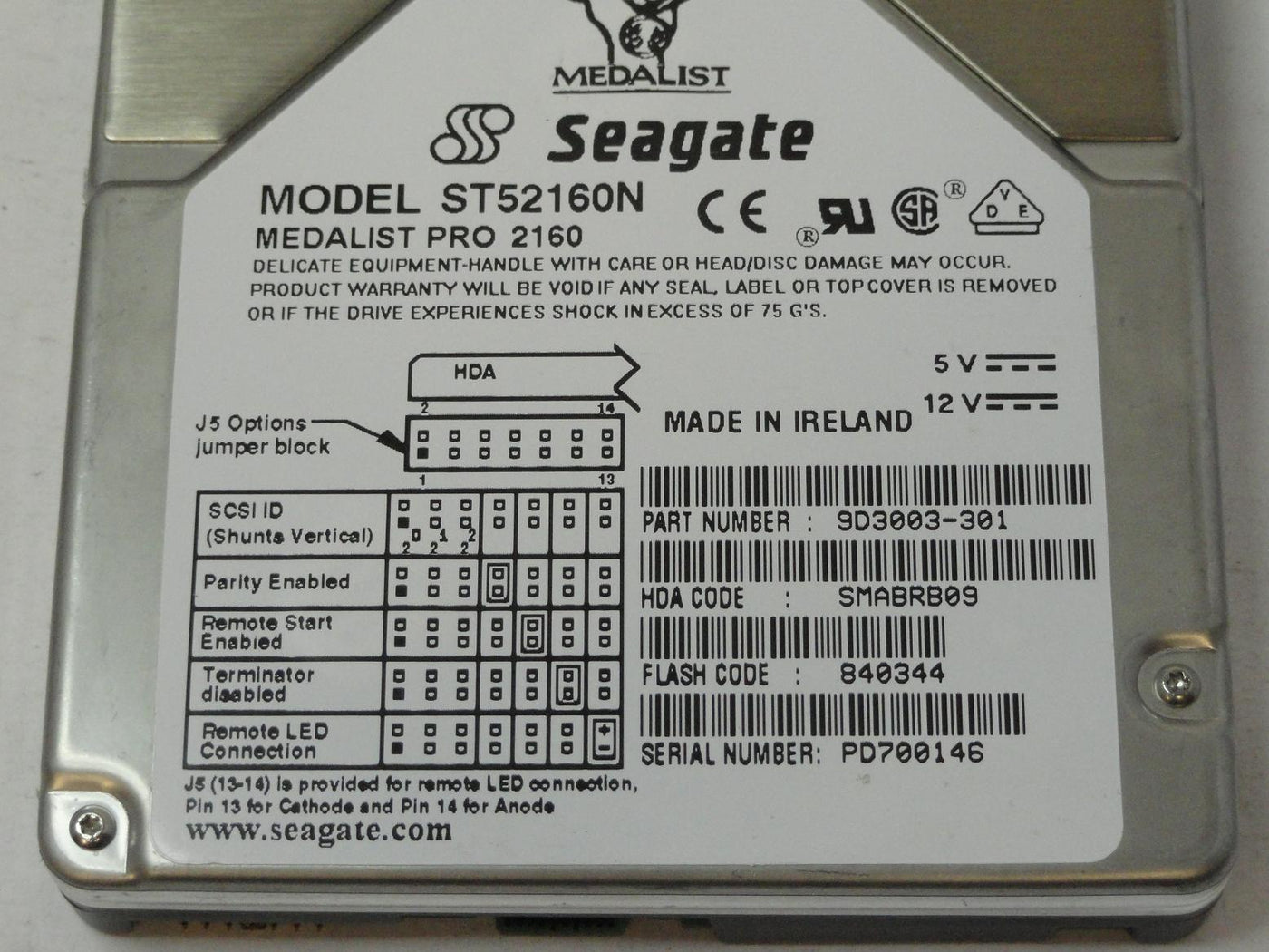 Seagate 2.1GB SCSI 50 Pin 5400rpm 3.5in HDD ( 9D3003-301 ST52160N ) USED