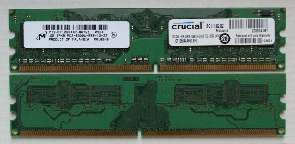 Micron Crucial 1GB PC2-5300 DDR2-667MHz non-ECC Unbuffered CL5 240-Pin DIMM ( MT8HTF12864AY-667G1 CT12864AA667.8FG ) REF