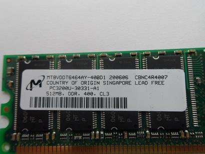  Micron Crucial 512MB PC3200 DDR-400MHz DIMM ( MT8VDDT6464AY-40BD1 CT646AZ40B ) REF