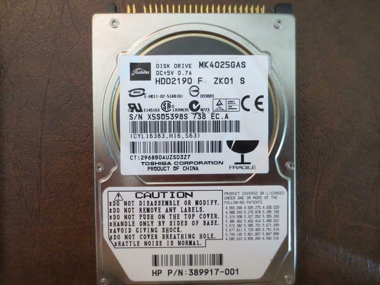 Toshiba HP 40GB IDE 4200rpm 2.5in HDD ( HDD2190 MK4025GAS 389917-001 ) REF