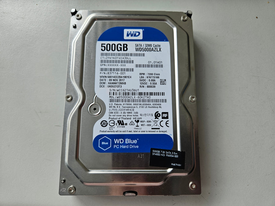 Western Digital HP Blue 500GB 7200RPM SATA 3.5in HDD ( WD5000AZLX WD5000AZLX-60K2TA0 837116-001 ) REF