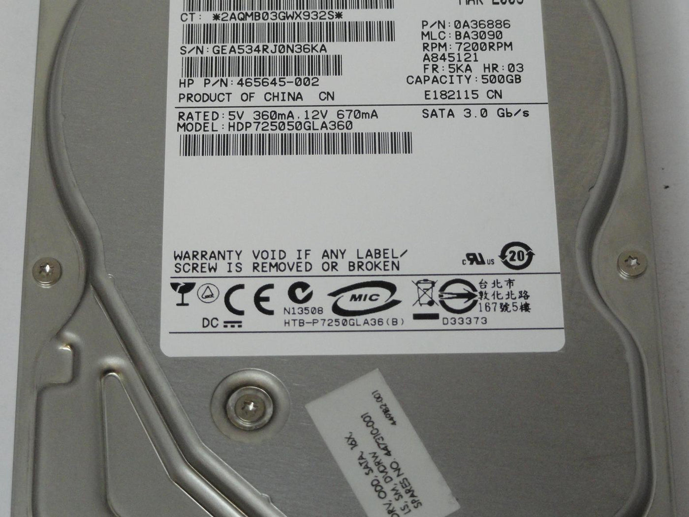 Hitachi HP 500GB SATA 7200rpm 3.5in HDD ( 0A36886 HDP725050GLA360 465645-002   Hitachi HP )