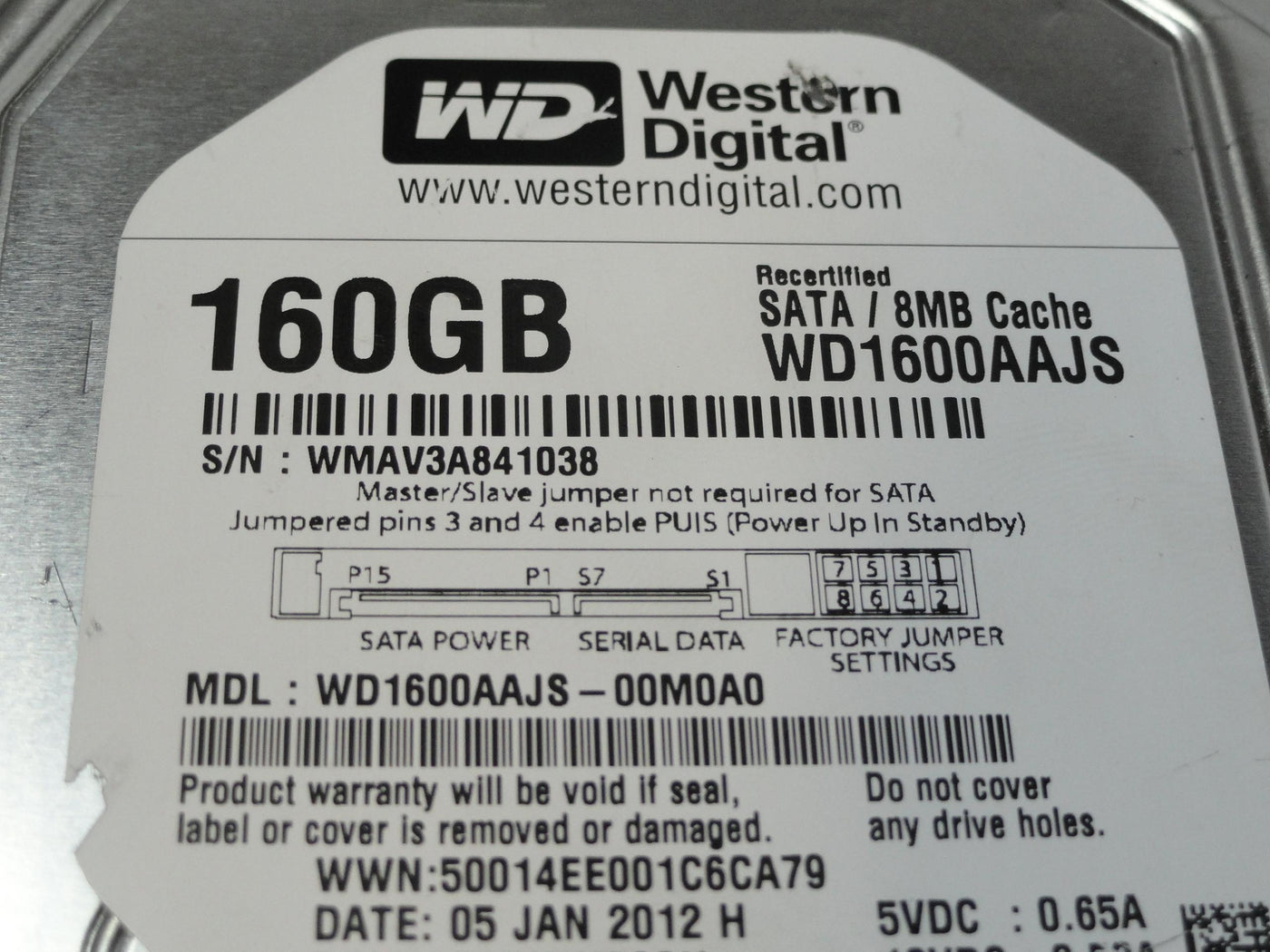 Western Digital 160GB SATA 7200rpm 3.5in Recert ( WD1600AAJS-00M0A0 ) REF