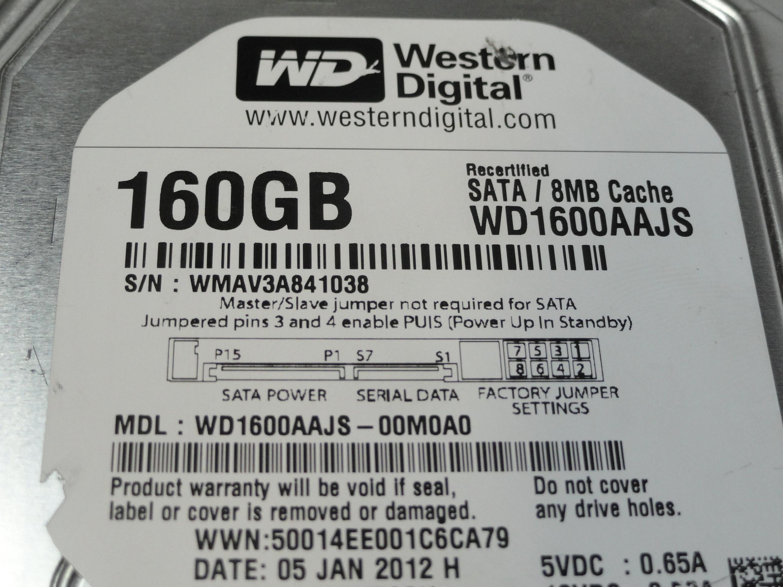 Western Digital 160GB SATA 7200rpm 3.5in Recert ( WD1600AAJS-00M0A0 ) REF