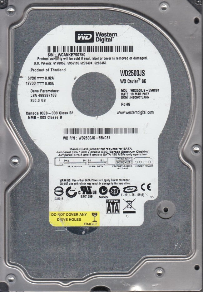 Western Digital 250Gb SATA 7200rpm 3.5in HDD ( WD2500JS-55NCB1 WD2500JS ) USED