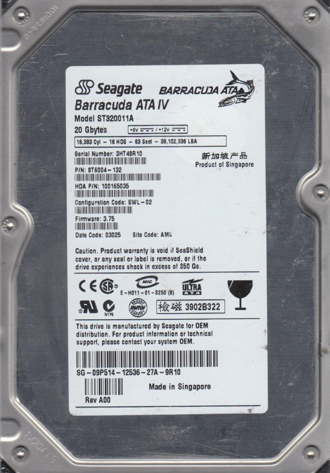 Seagate Barracuda 20GB 7200rpm ATA IV 3.5" HDD ( 9T6004-132 ST320011A  Seagate ) USED