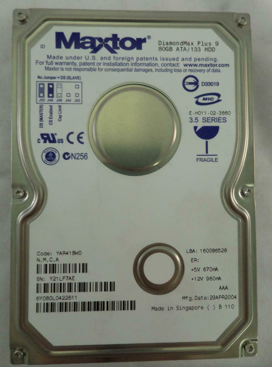 Maxtor 80GB 7200rpm IDE 3.5" HDD ( 6Y080L0422011 ) REF