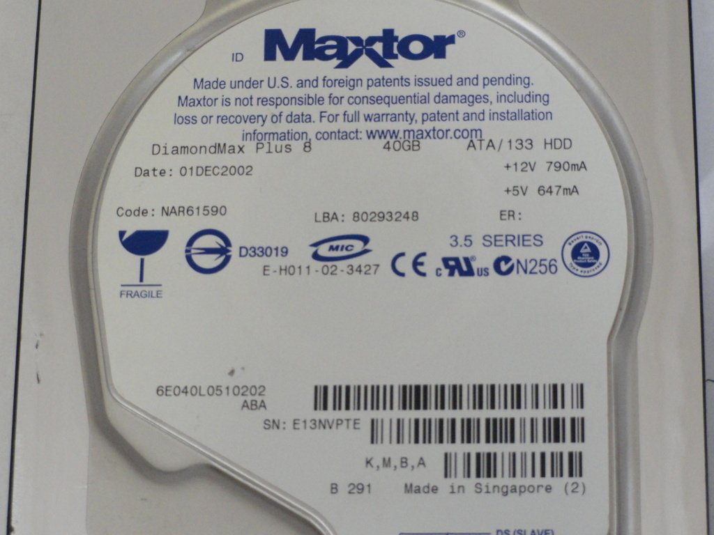 6E040L0 - Compaq Maxtor 40GB IDE 7200rpm 3.5in HDD - Refurbished