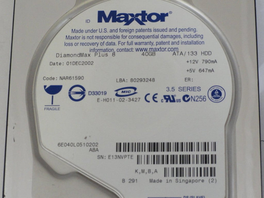 6E040L0 - Compaq Maxtor 40GB IDE 7200rpm 3.5in HDD - Refurbished