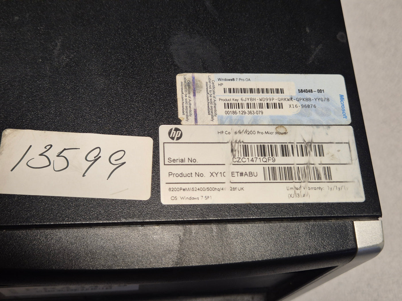 HP Compaq 6200 Pro MT DVD 500GB HD 8GB RAM i5-2400 3.1GHz NO OS Win7Pro COA present ( XY107ET#ABU ) USED