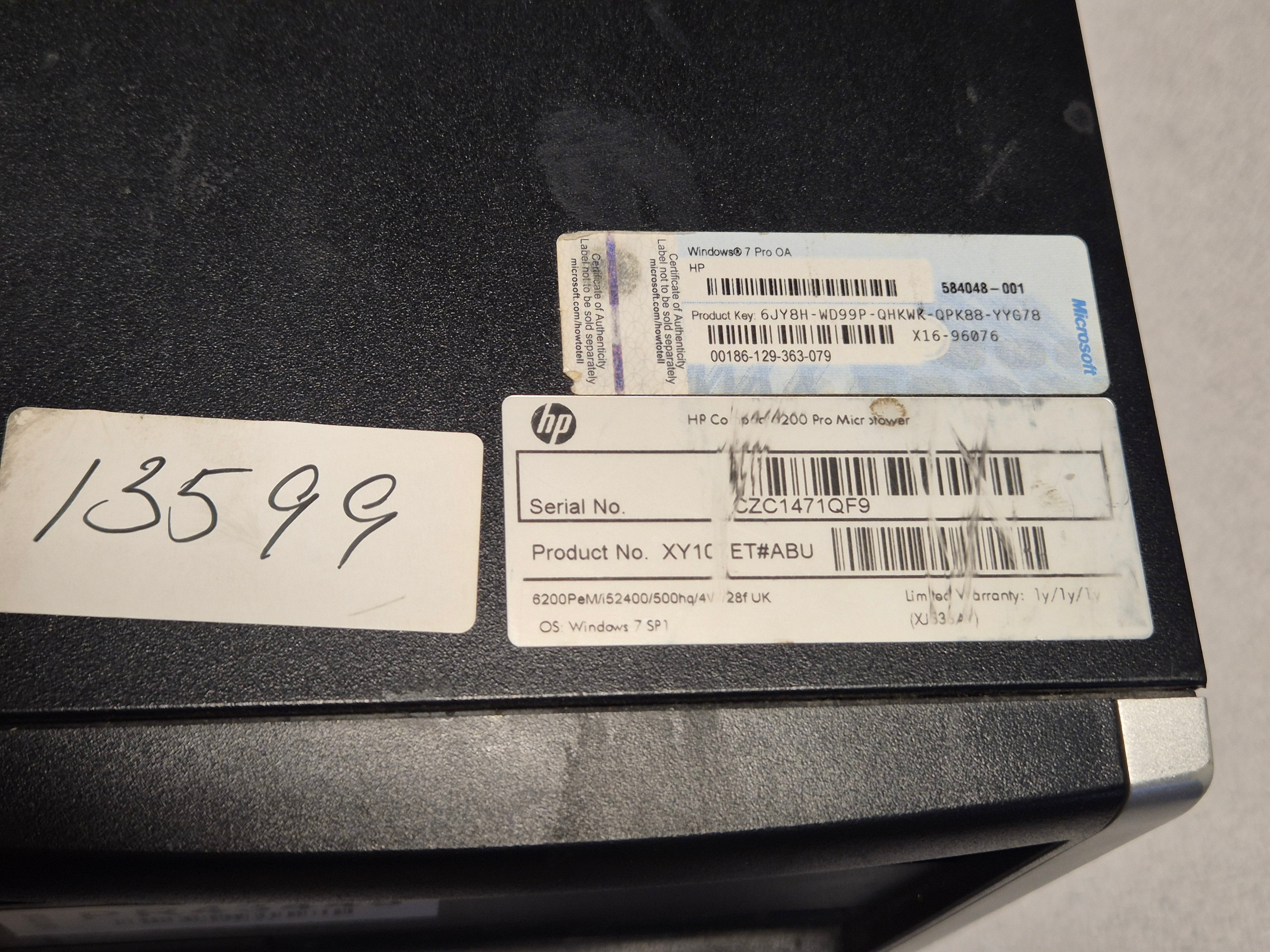 HP Compaq 6200 Pro MT DVD 500GB HD 8GB RAM i5-2400 3.1GHz NO OS Win7Pro COA present ( XY107ET#ABU ) USED