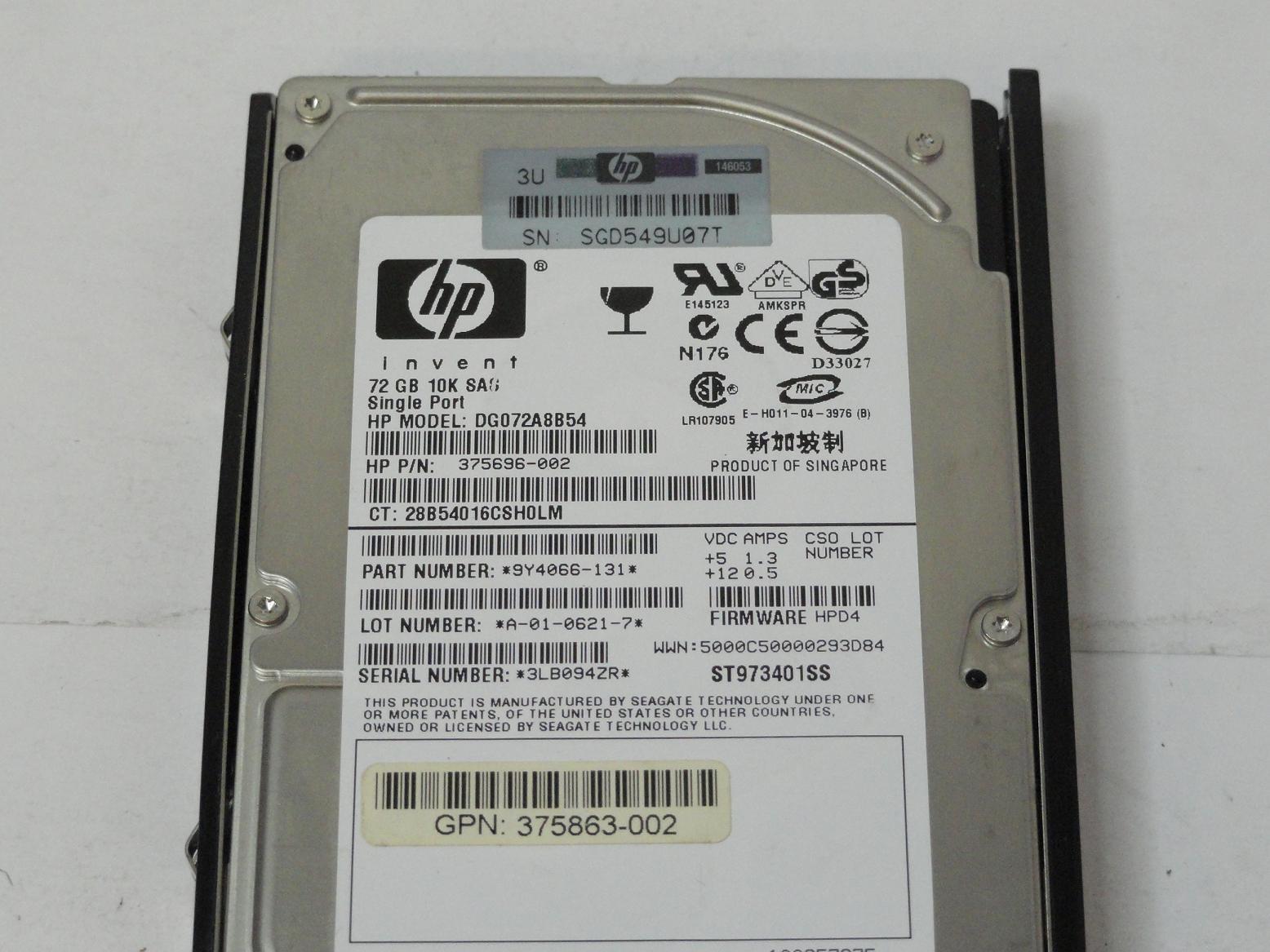 HP Seagate 72GB SAS 10Krpm 2.5in HDD in Caddy ( 9Y4066-131 ST973401SS 375696-002 DG072A8B54 375863-002 376597-001 ) REF