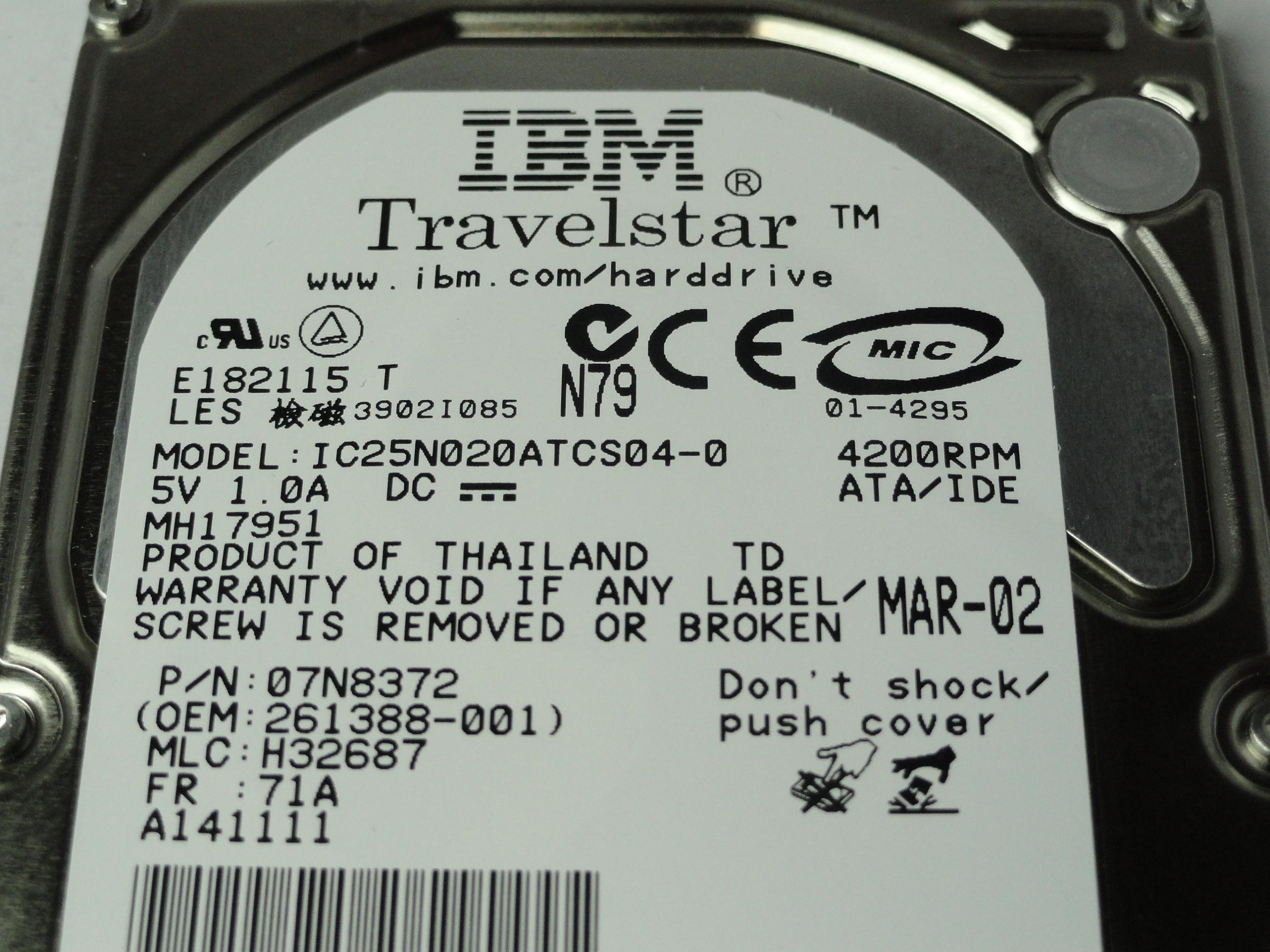 07N8372 - IBM Compaq 20Gb IDE 4200rpm 2.5in HDD - Refurbished