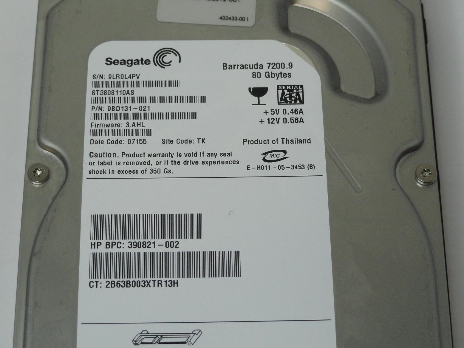 Seagate HP 80GB SATA 7200rpm 3.5in HDD ( ST3808110AS 9BD131-021 390821-002 432392-001 ) REF