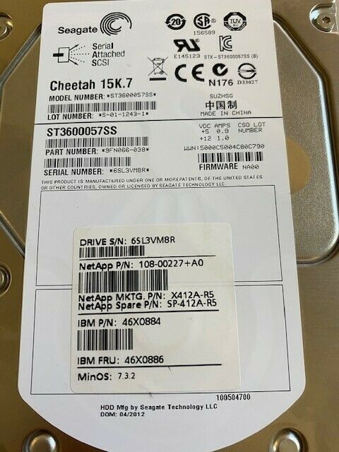 Seagate IBM NetApp 600GB SAS 15K 3.5' HDD ( ST3600057SS 9FN066-038 46X0884 46X0886 108-00227 ) REF