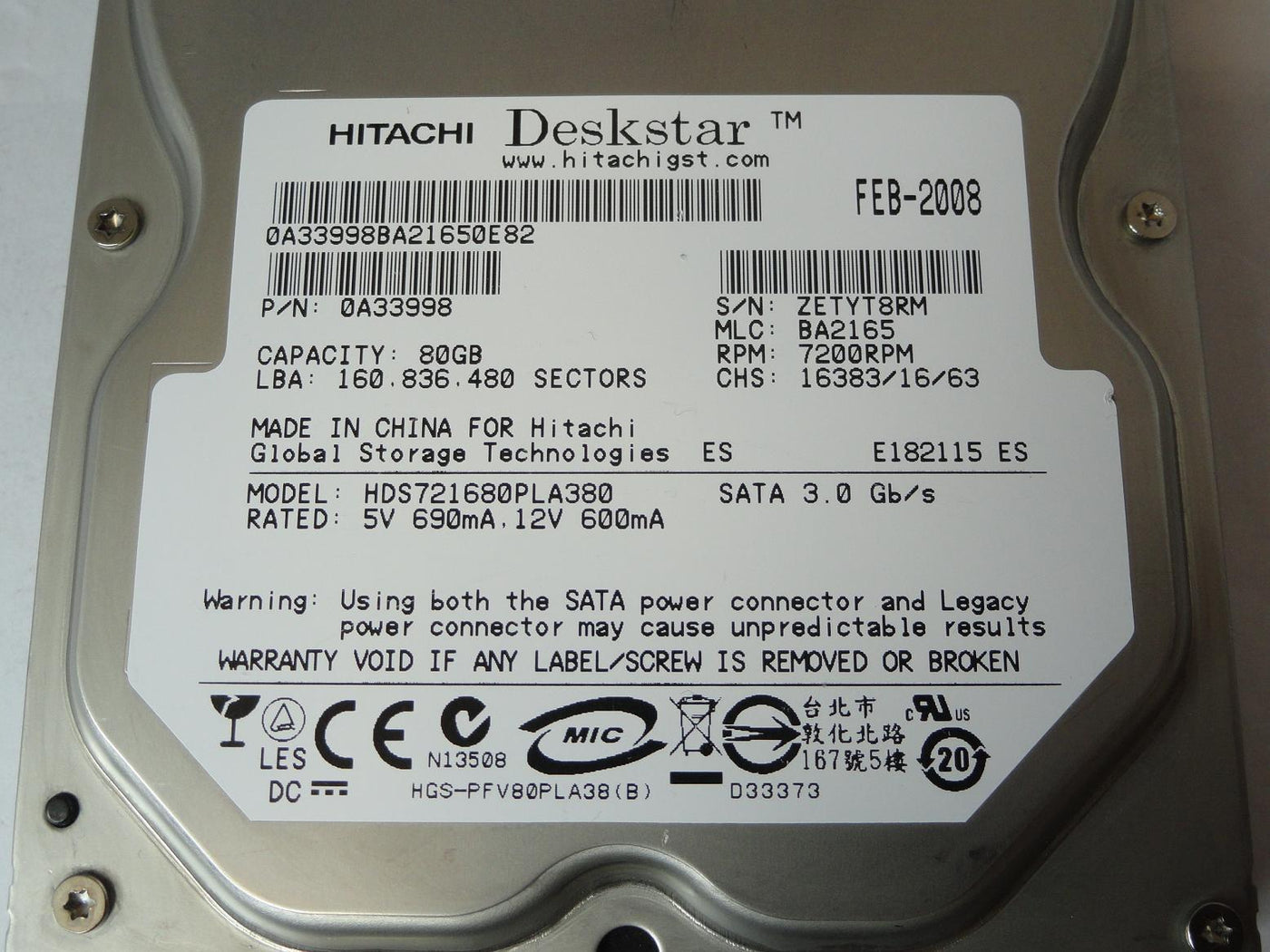 PR04734_0A33998_Hitachi 80GB SATA 7200rpm 3.5in HDD - Image3