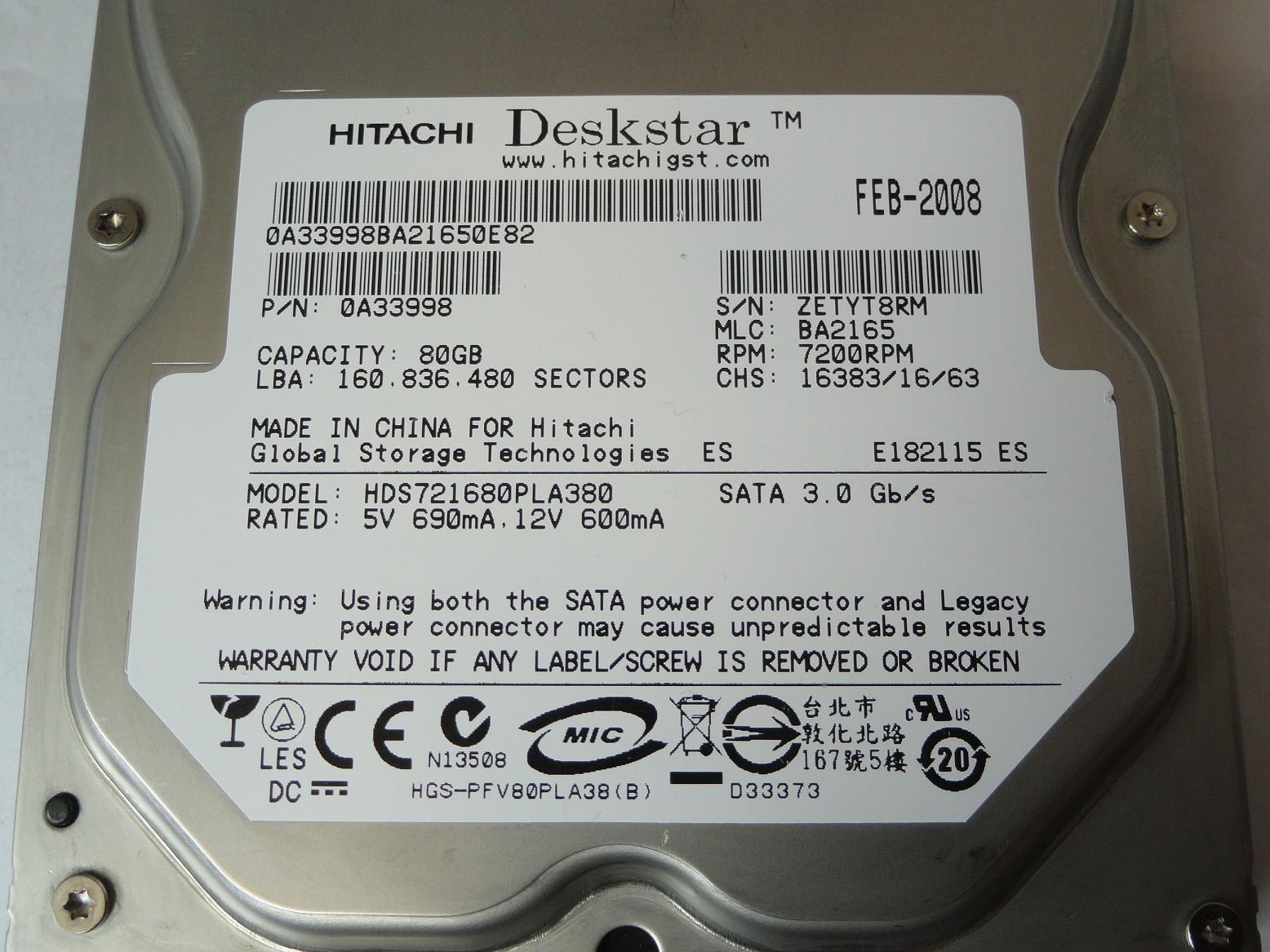 PR04734_0A33998_Hitachi 80GB SATA 7200rpm 3.5in HDD - Image3