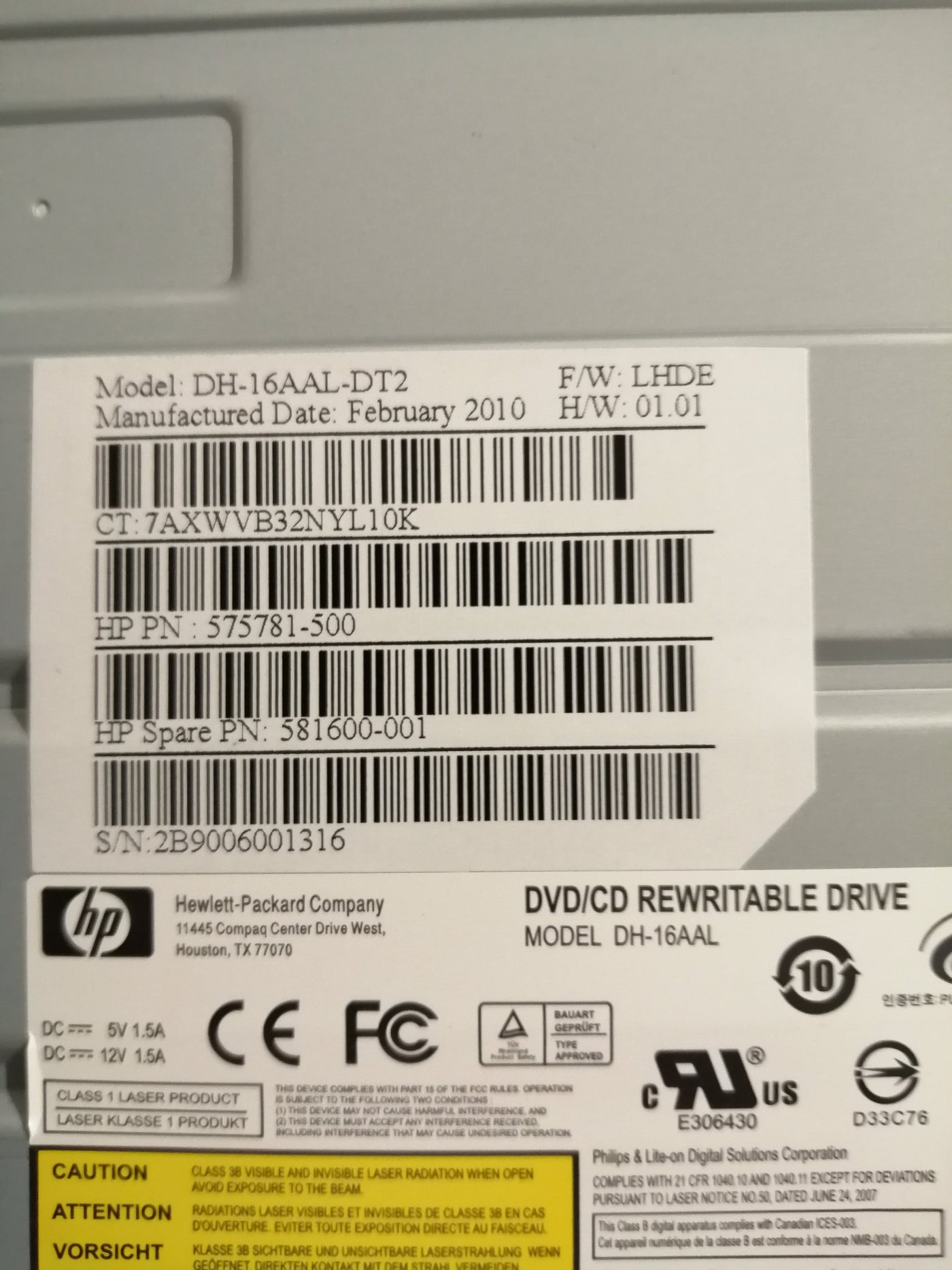 HP DVD/CD Super Multi-Recorder RW DL Optical Drive ( 575781-500 DH-16AAL-DT2 ) NOB