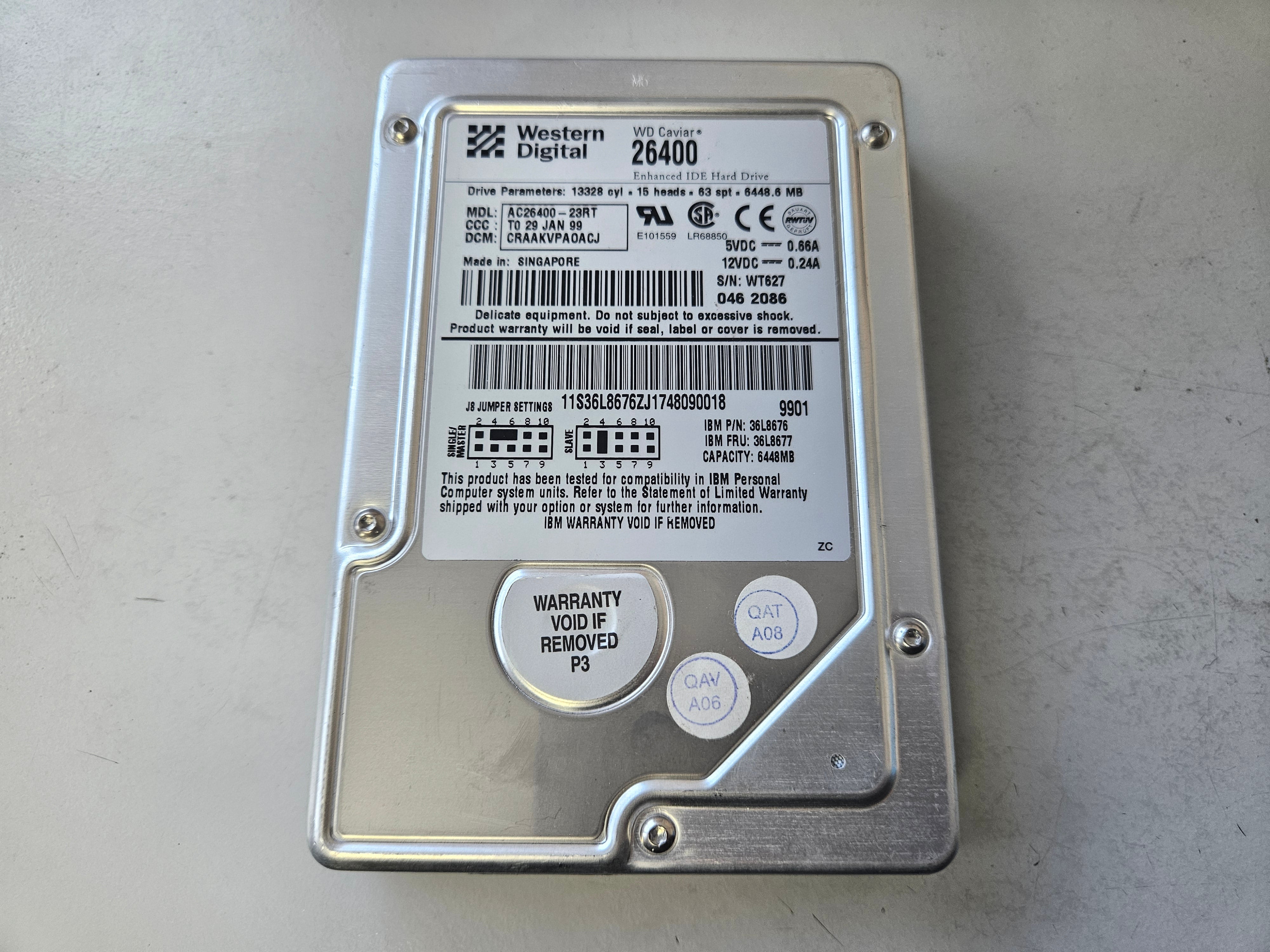 Western Digital IBM 6.4GB 5400RPM EIDE 3.5in HDD ( AC26400-23RT 36L8676 36L8677 ) REF