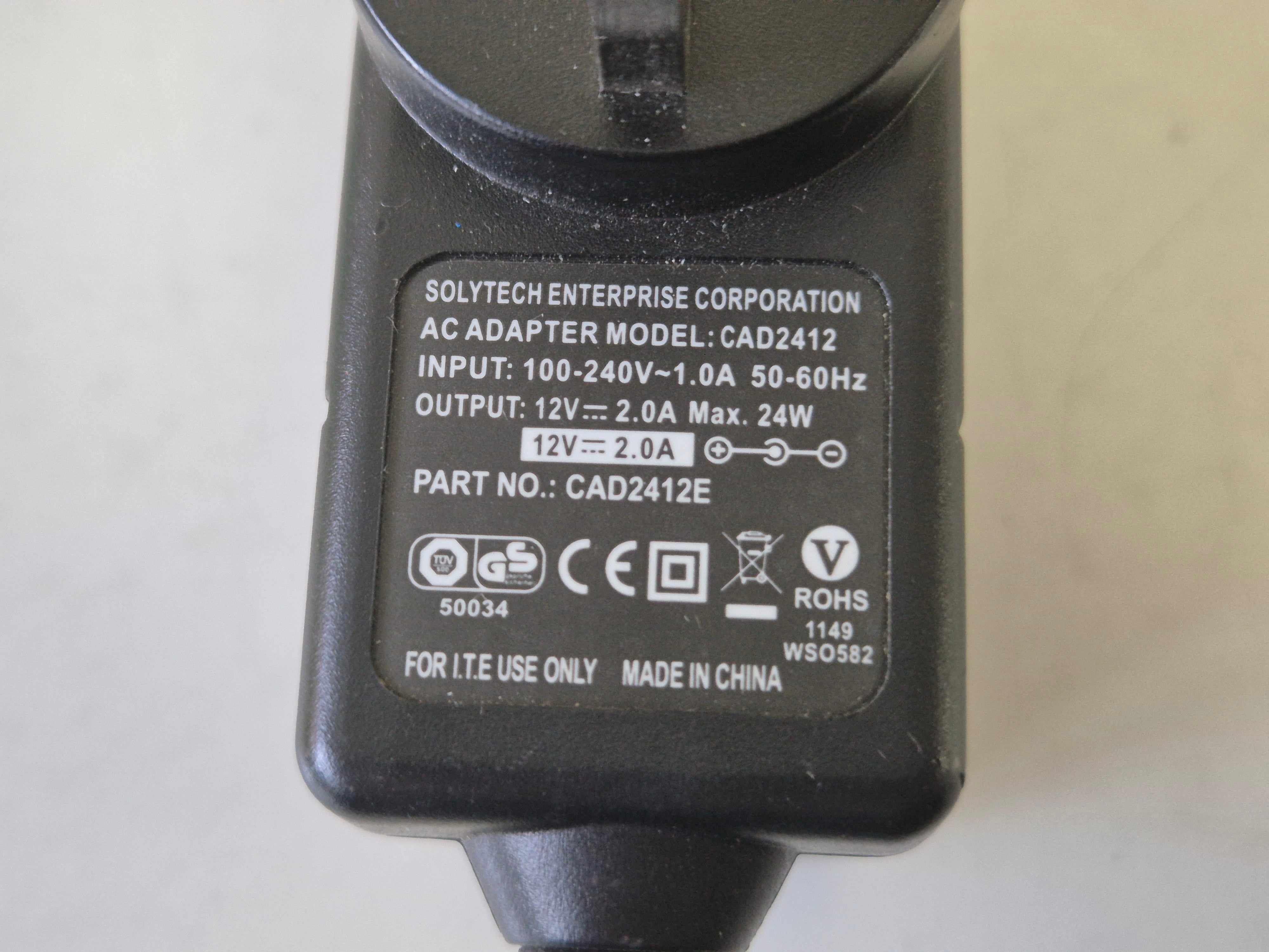 Solytech Enterprise AC Adapter IN 100-240V 1A 50-60Hz OUT 12V 2A ( CAD2412 ) USED