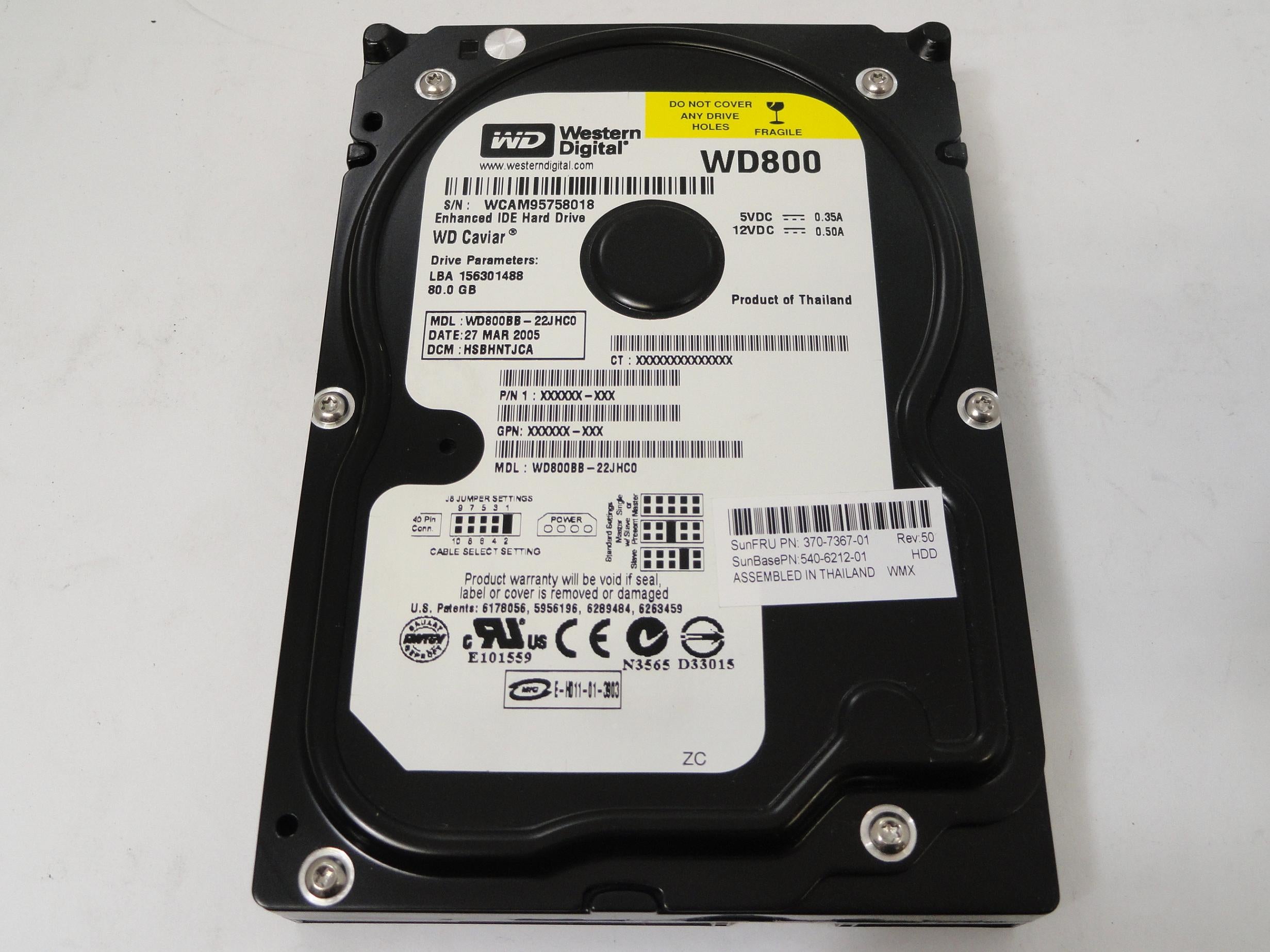 Western Digital SUN 80Gb 7200RPM IDE 3.5" HDD ( WD800BB-22JHC0 370-7367-01 ) REF